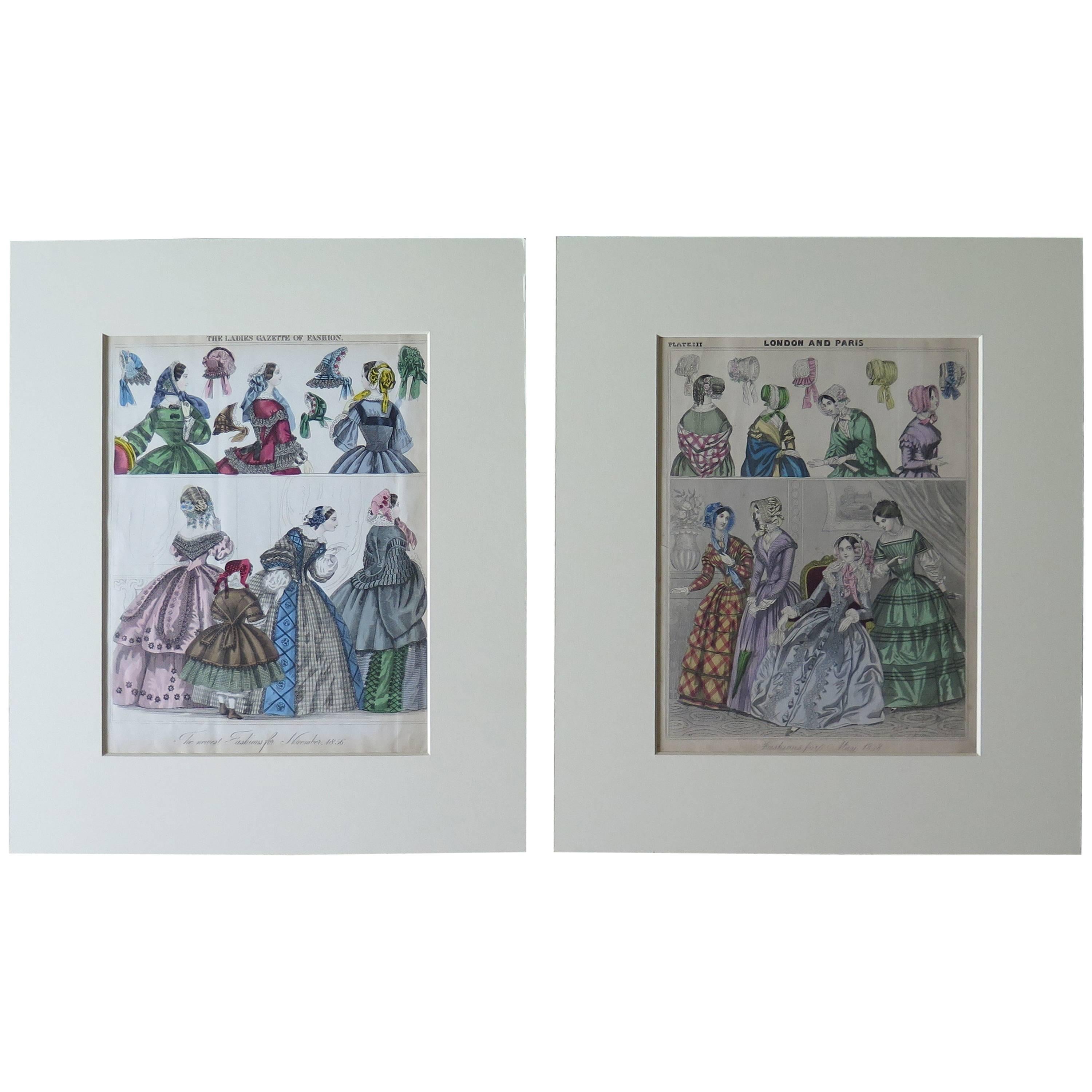 TWO Fashion Prints Ladies Gazette London & Paris, Victorian 1848 to 1856