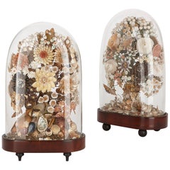 Antique Two Victorian Shell Flower Arrangements in Glass Cases
