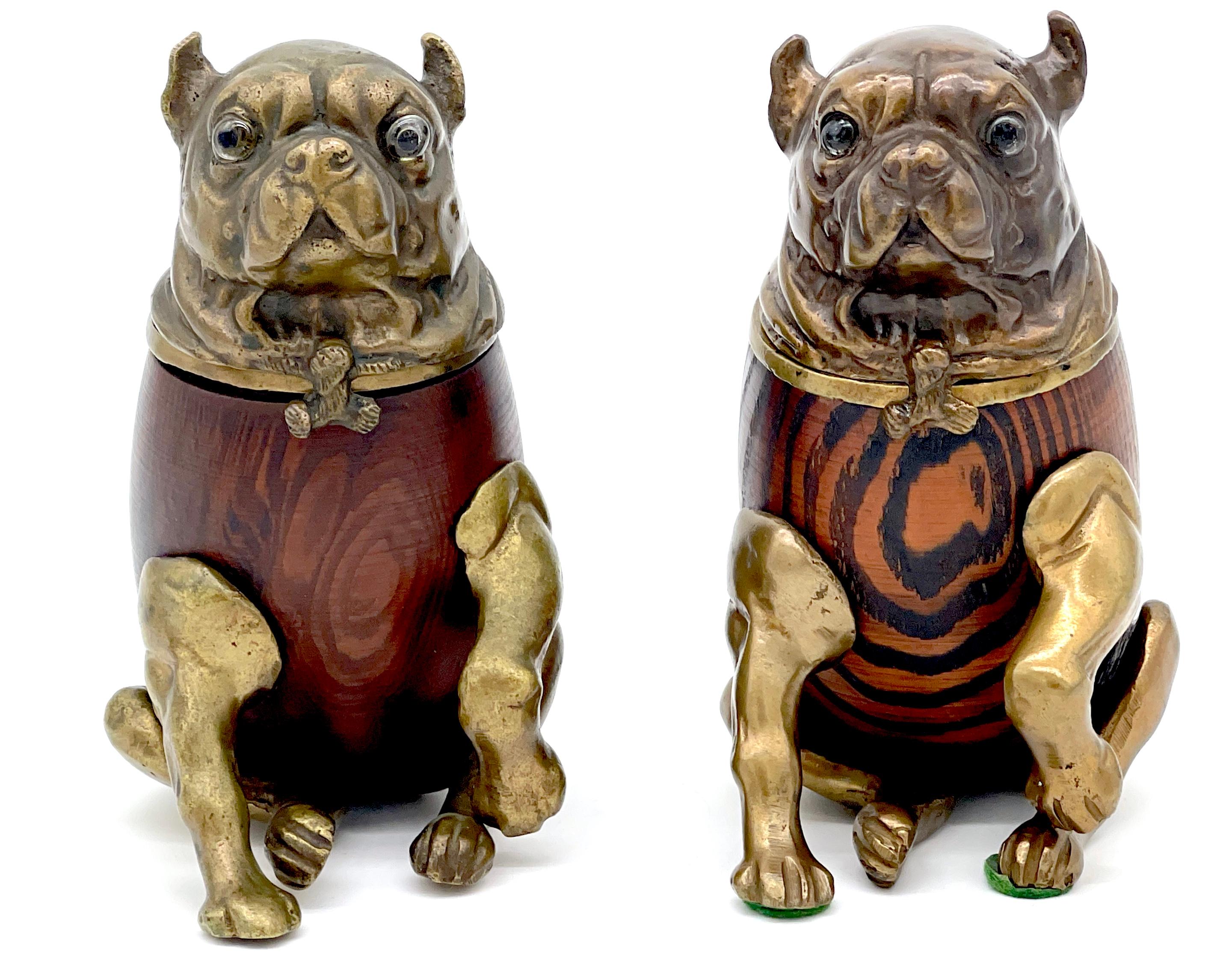 Two Victorian Style Brass & Wood Pug Dog Boxes, by Arthur Court, 1979 

*Sold individually, please specify the 'Brown' Pug on the left or the 'Brindle' Pug on the right or purchase both

Indulge in whimsical canine charm with these Victorian style