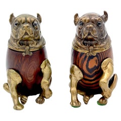 Retro Two Victorian Style Brass & Wood Pug Dog Boxes, by Arthur Court, 1979 