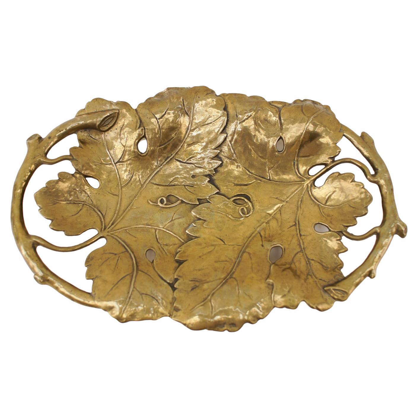 Two Vine Leaves Hand Formed into a Solid Brass Bowl, 1960s For Sale