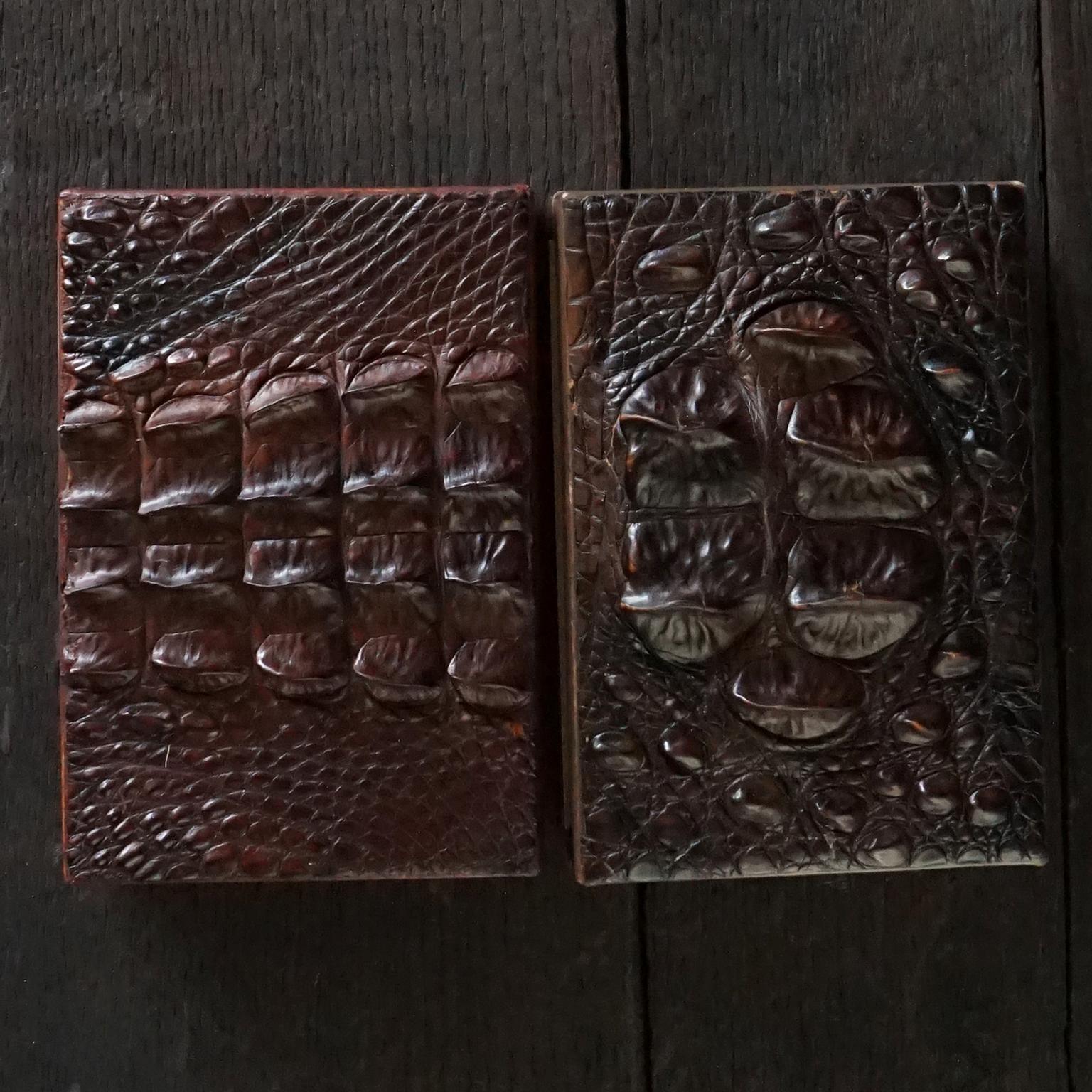 Mid-Century Modern Two Vintage 1960s French Cedar Wood Embossed Crocodile Leather Cigar Boxes For Sale