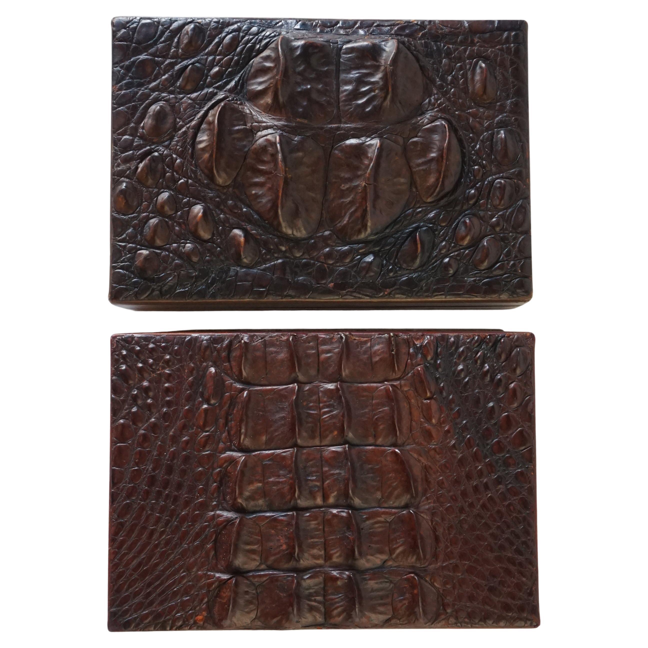 Two Vintage 1960s French Cedar Wood Embossed Crocodile Leather Cigar Boxes For Sale