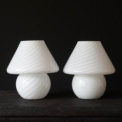 Two Vintage 1970s Italian Vetra Venini Murano White Glass Swirl Mushroom Lamps