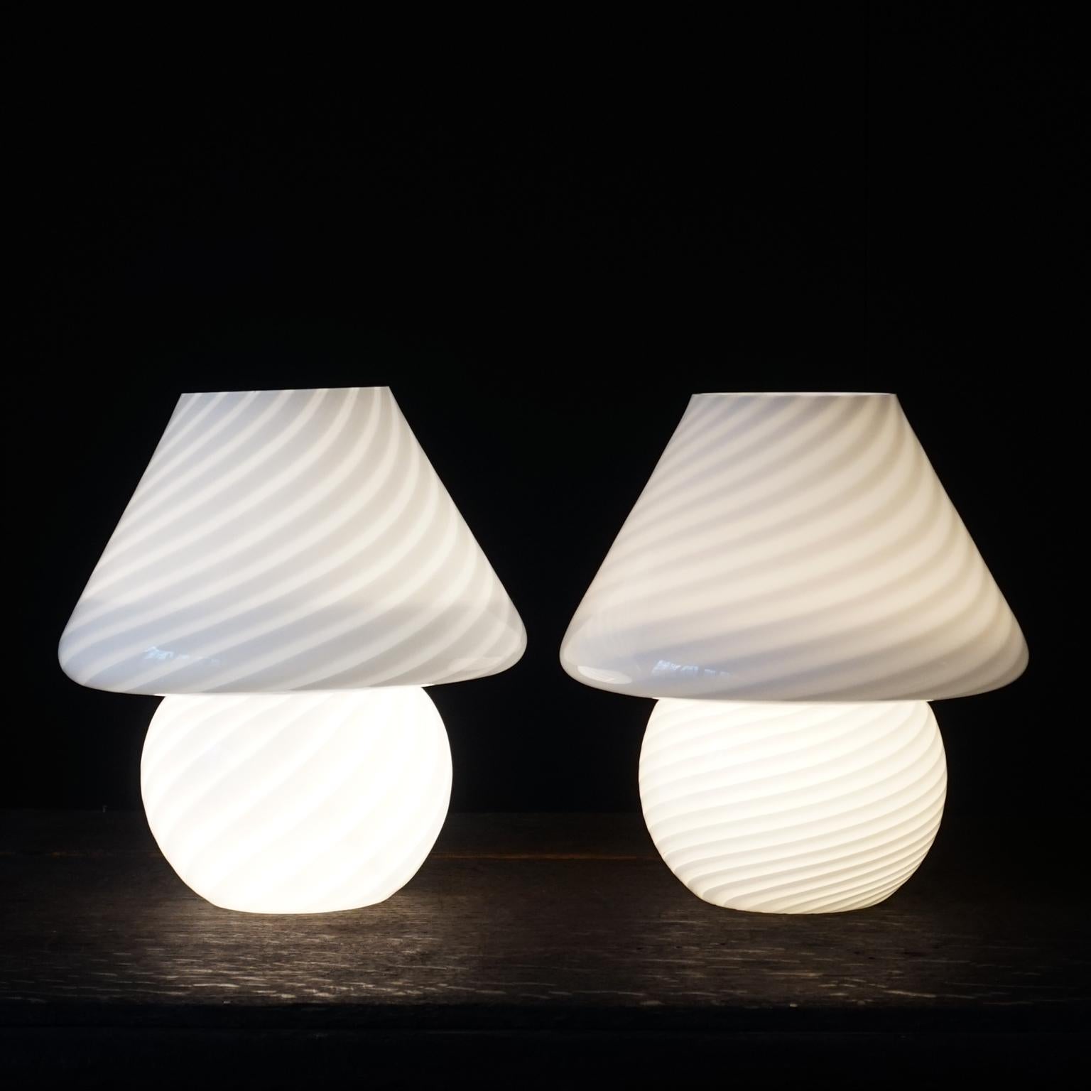 Hollywood Regency Two Vintage 1970s Italian Vetra Venini Murano White Glass Swirl Mushroom Lamps