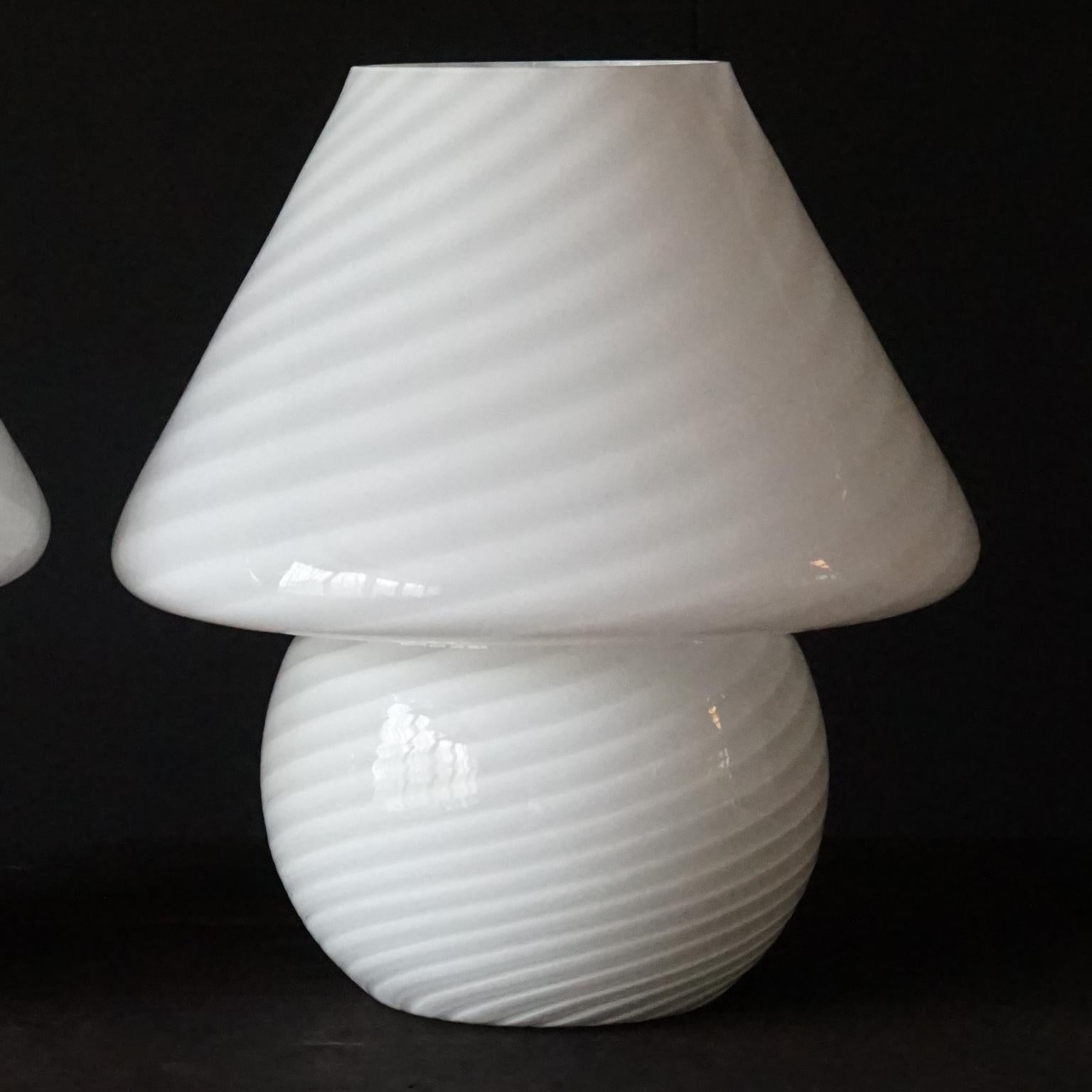 Art Glass Two Vintage 1970s Italian Vetra Venini Murano White Glass Swirl Mushroom Lamps