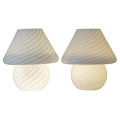 Two Vintage 1970s Italian Vetra Venini Murano White Glass Swirl Mushroom Lamps