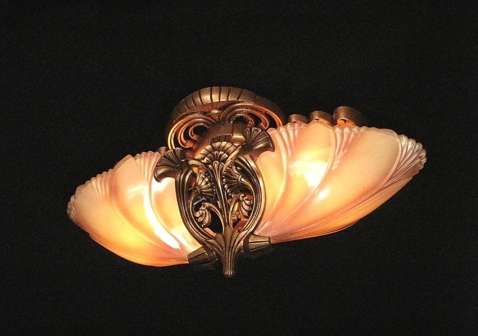 Two Vintage 2 Slip Shade Deco Flush Ceiling Fixture Lights, Priced each In Good Condition In Prescott, US