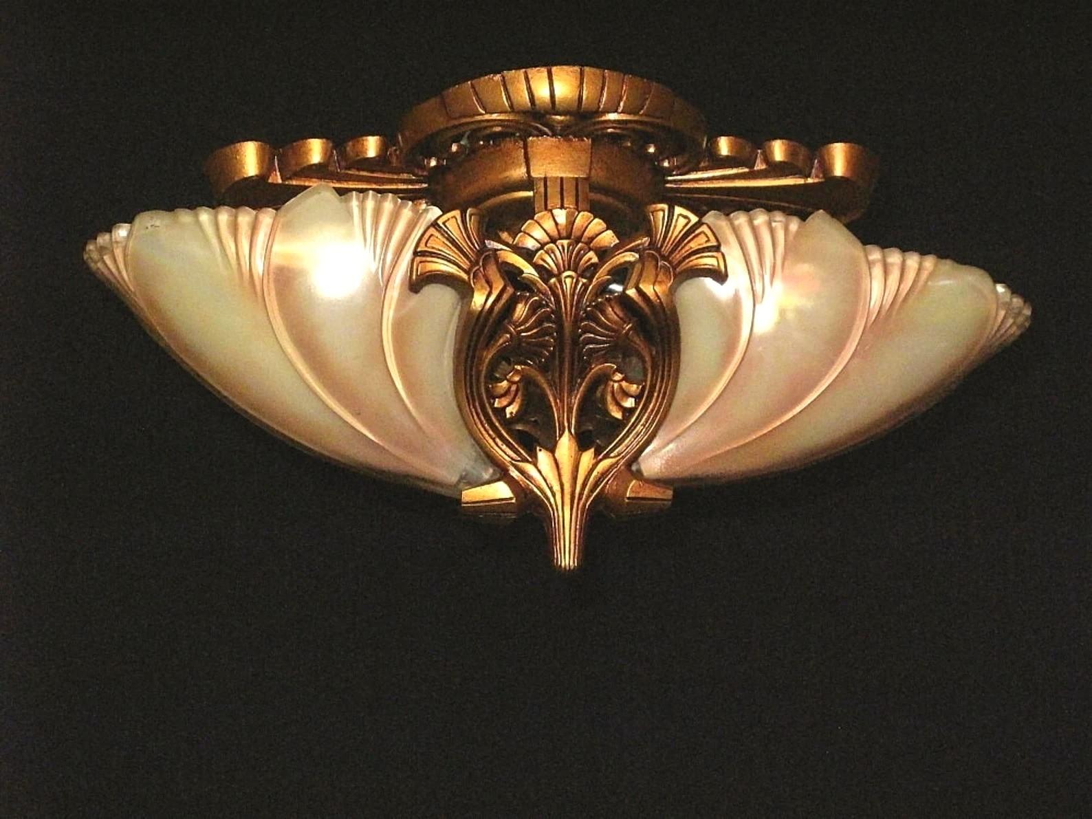 Early 20th Century Two Vintage 2 Slip Shade Deco Flush Ceiling Fixture Lights, Priced each