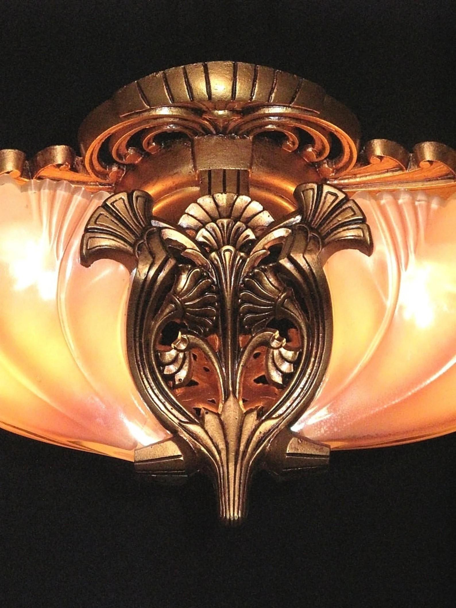Aluminum Two Vintage 2 Slip Shade Deco Flush Ceiling Fixture Lights, Priced each