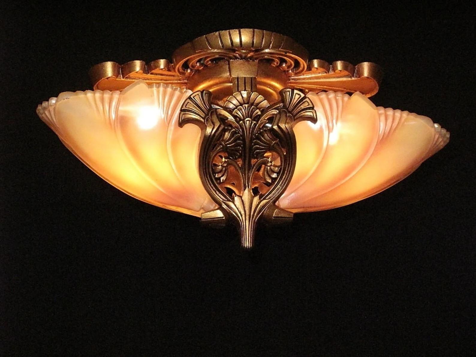 Two Vintage 2 Slip Shade Deco Flush Ceiling Fixture Lights, Priced each 1