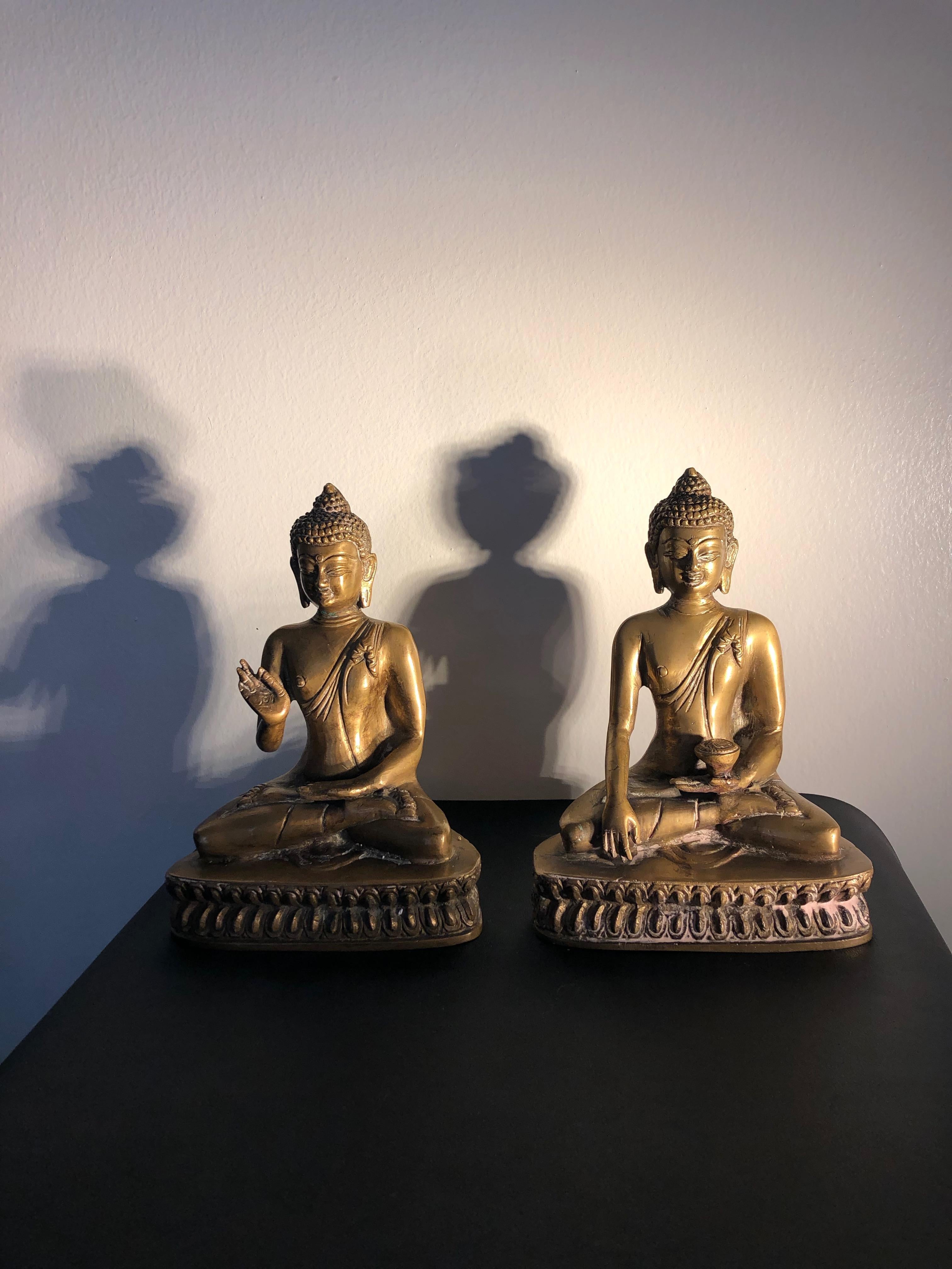 Two Vintage 20th Century Golden Brass Buddah Book ends Bookcase Decoration 1