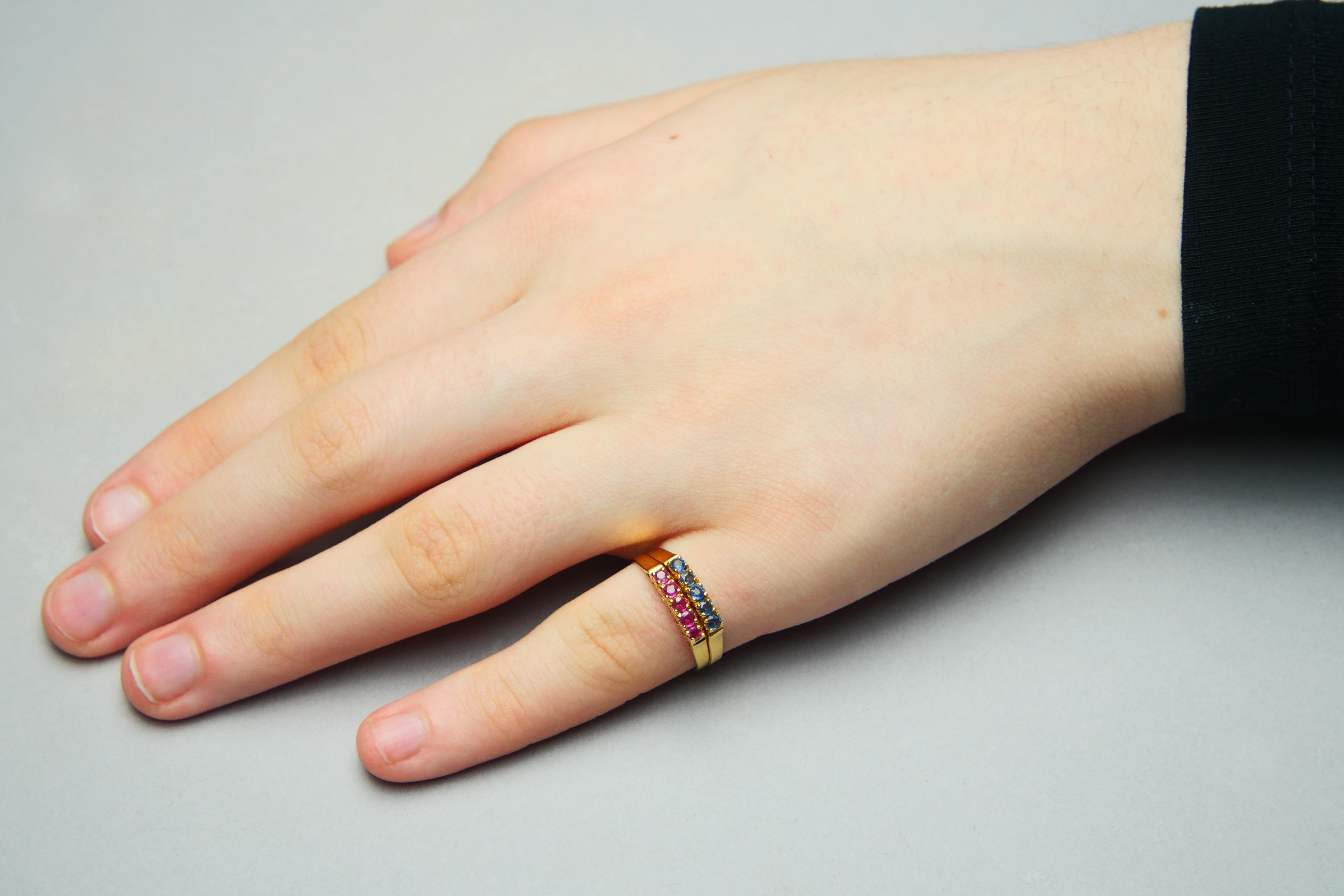 Two Vintage Alliance Rings 0.8ct natural Ruby Sapphire solid 18K Gold ØUS6.25 For Sale 2