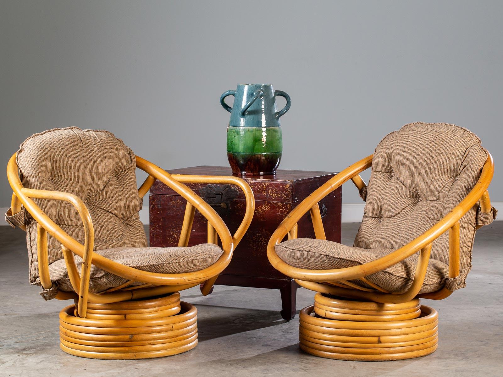 Two Vintage American Bamboo Swivel Rocking Egg Chairs, circa 1970 1