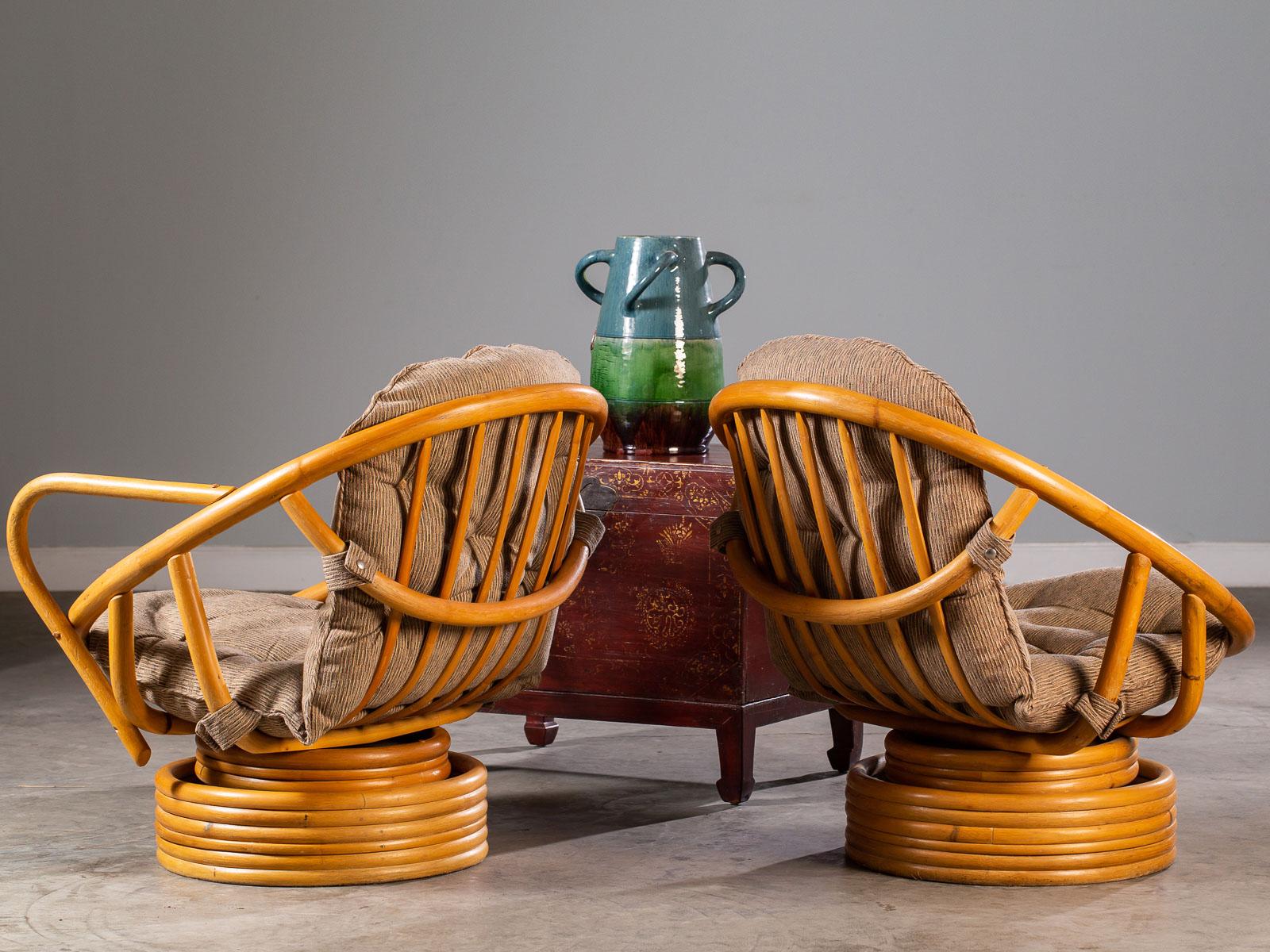 Two Vintage American Bamboo Swivel Rocking Egg Chairs, circa 1970 3