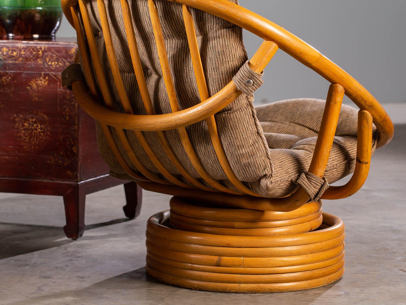 Two Vintage American Bamboo Swivel Rocking Egg Chairs, circa 1970 5