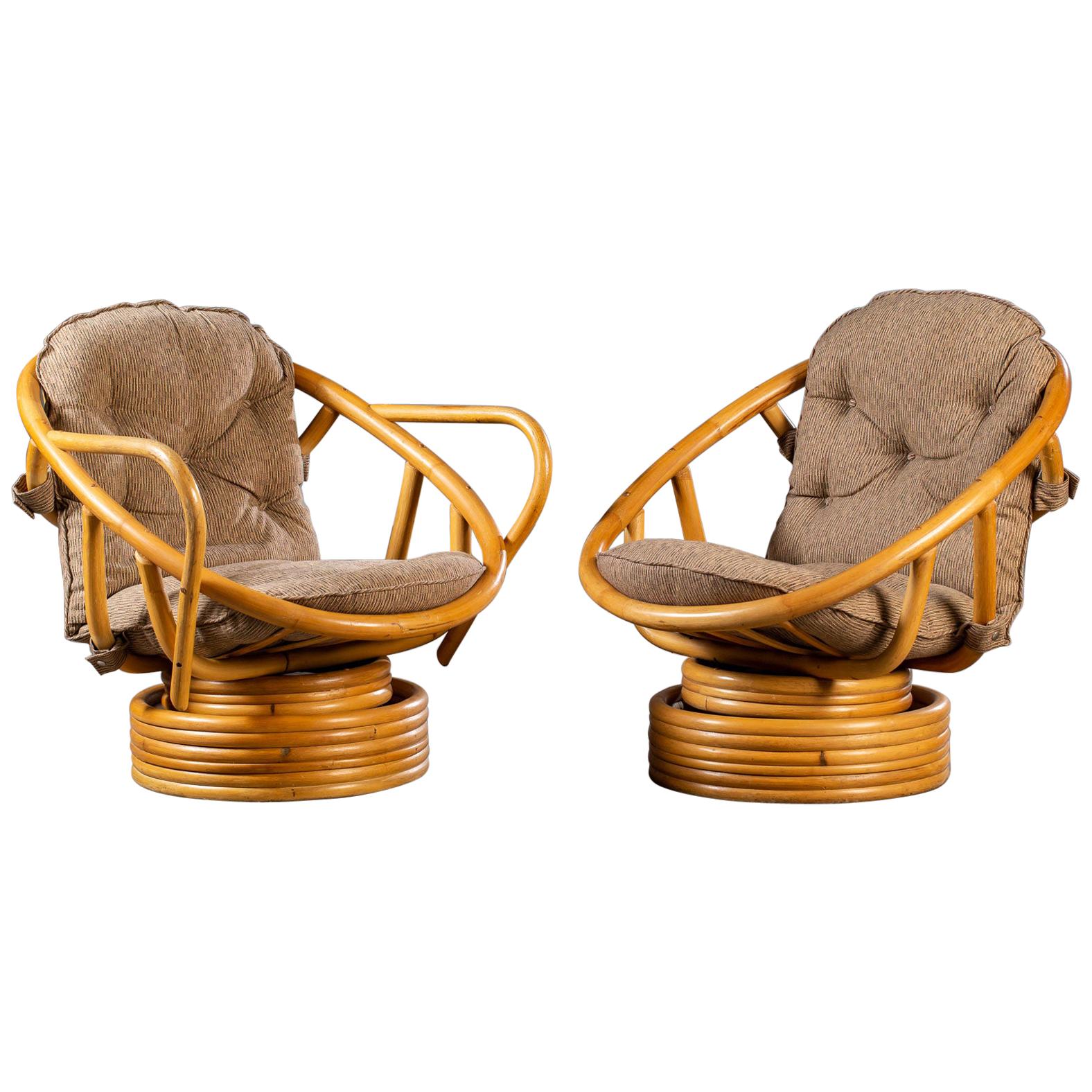 Two Vintage American Bamboo Swivel Rocking Egg Chairs, circa 1970