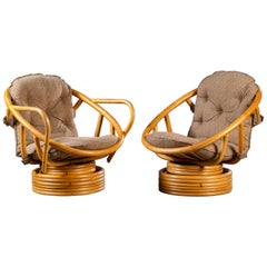 Two Vintage American Bamboo Swivel Rocking Egg Chairs, circa 1970