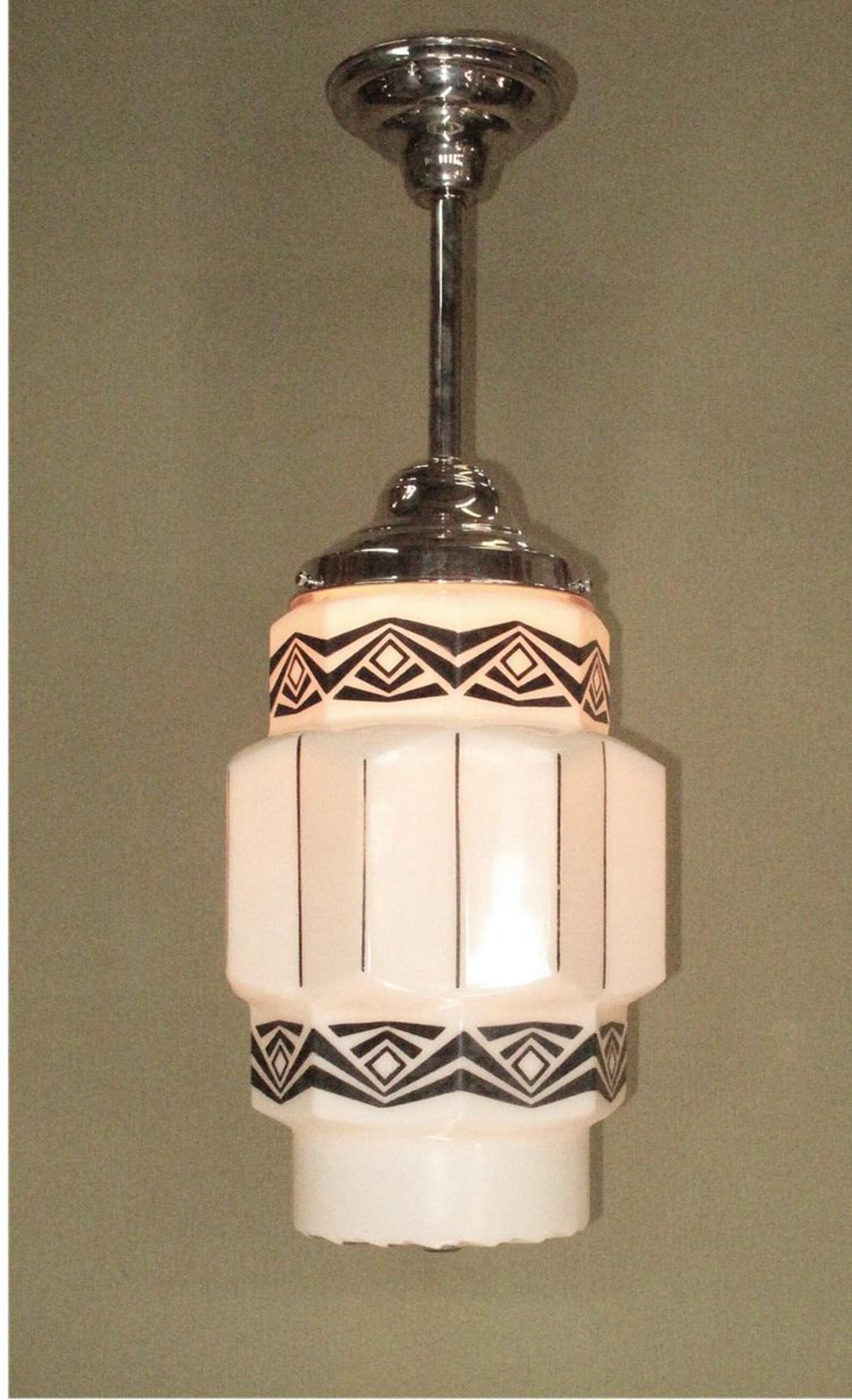 20th Century Two Vintage Art Deco Pendants with Black Designs on Milk Glass priced each For Sale