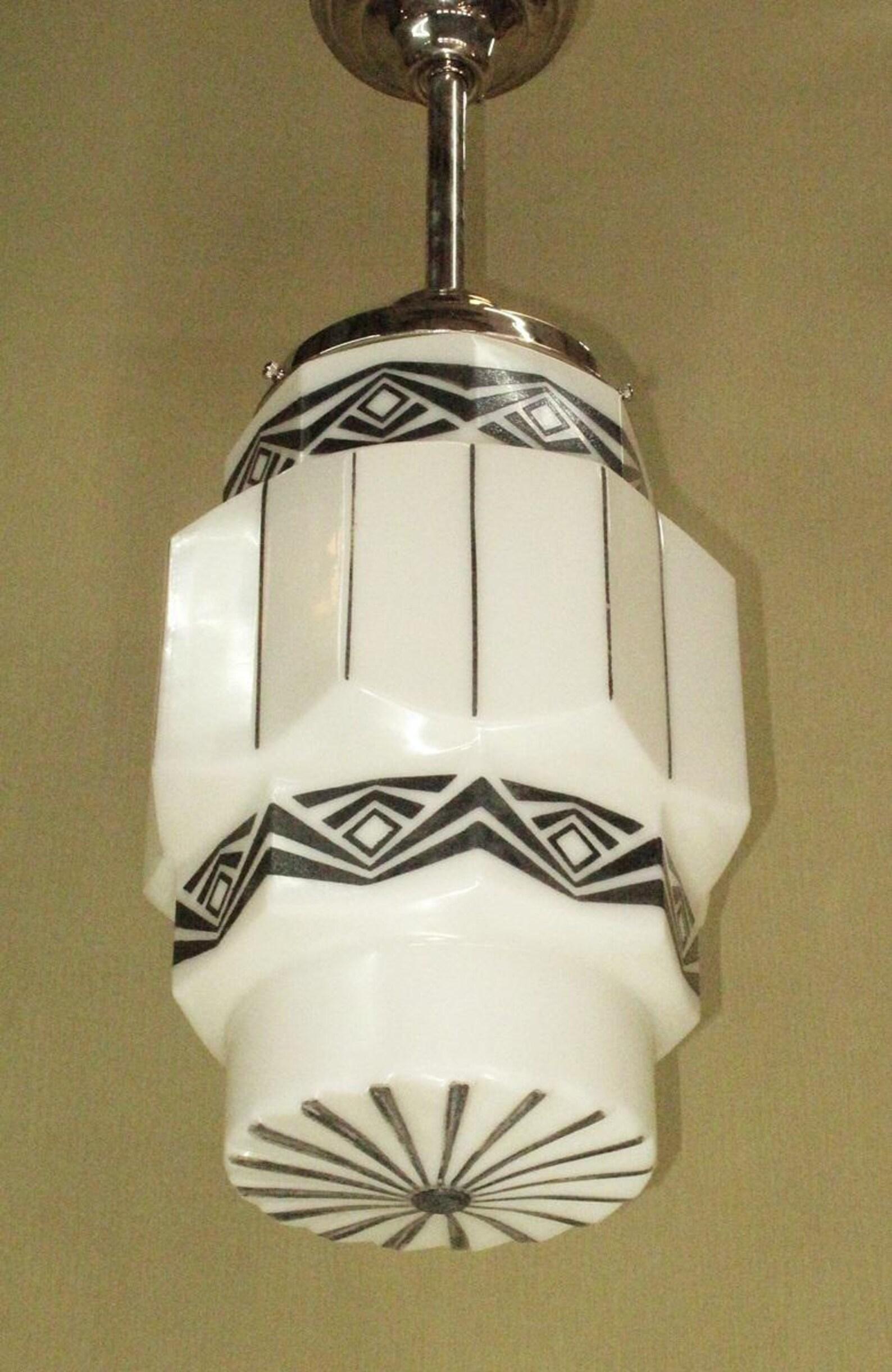Two Vintage Art Deco Pendants with Black Designs on Milk Glass priced each For Sale 1