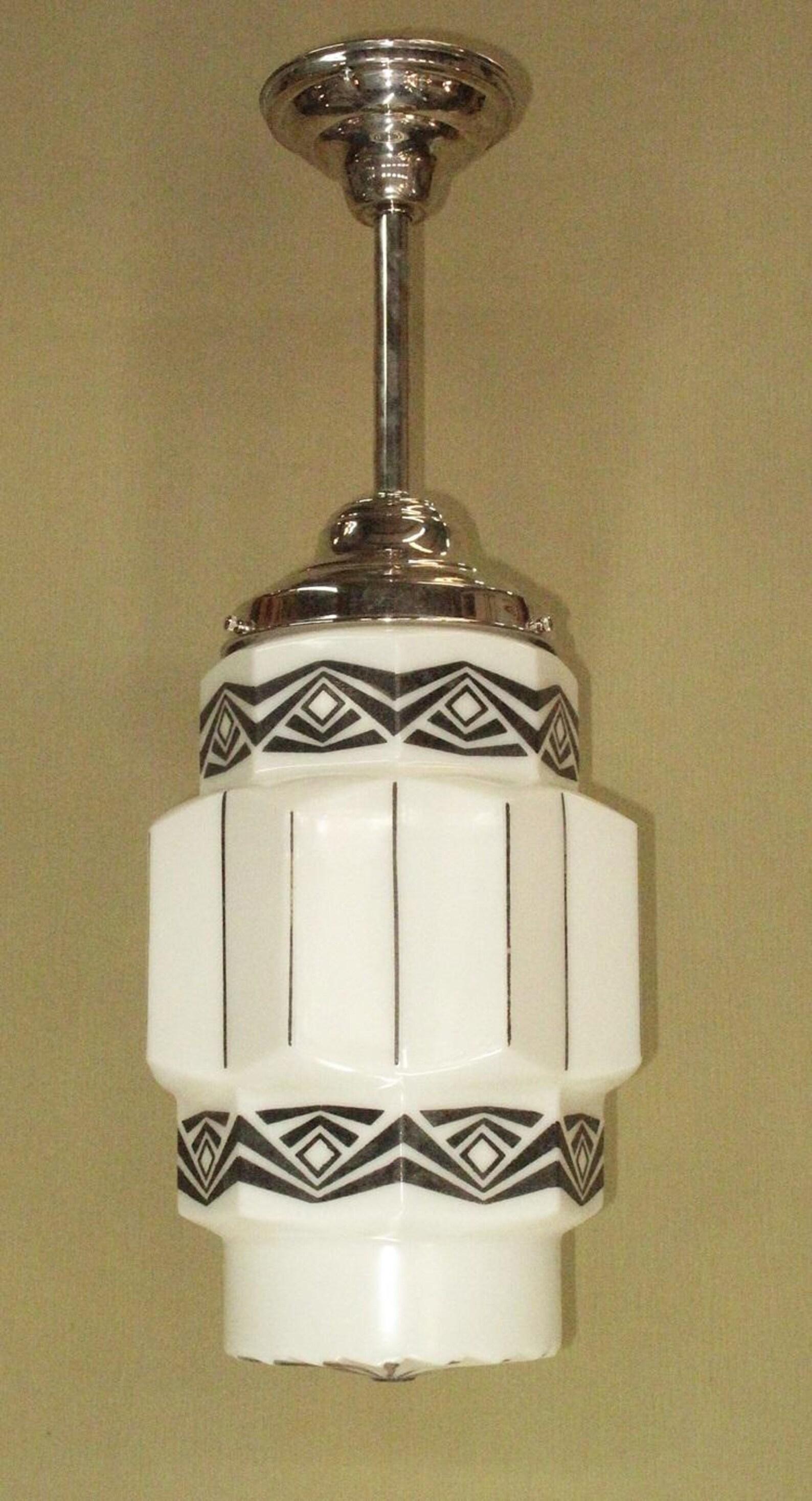 Two Vintage Art Deco Pendants with Black Designs on Milk Glass priced each For Sale 2