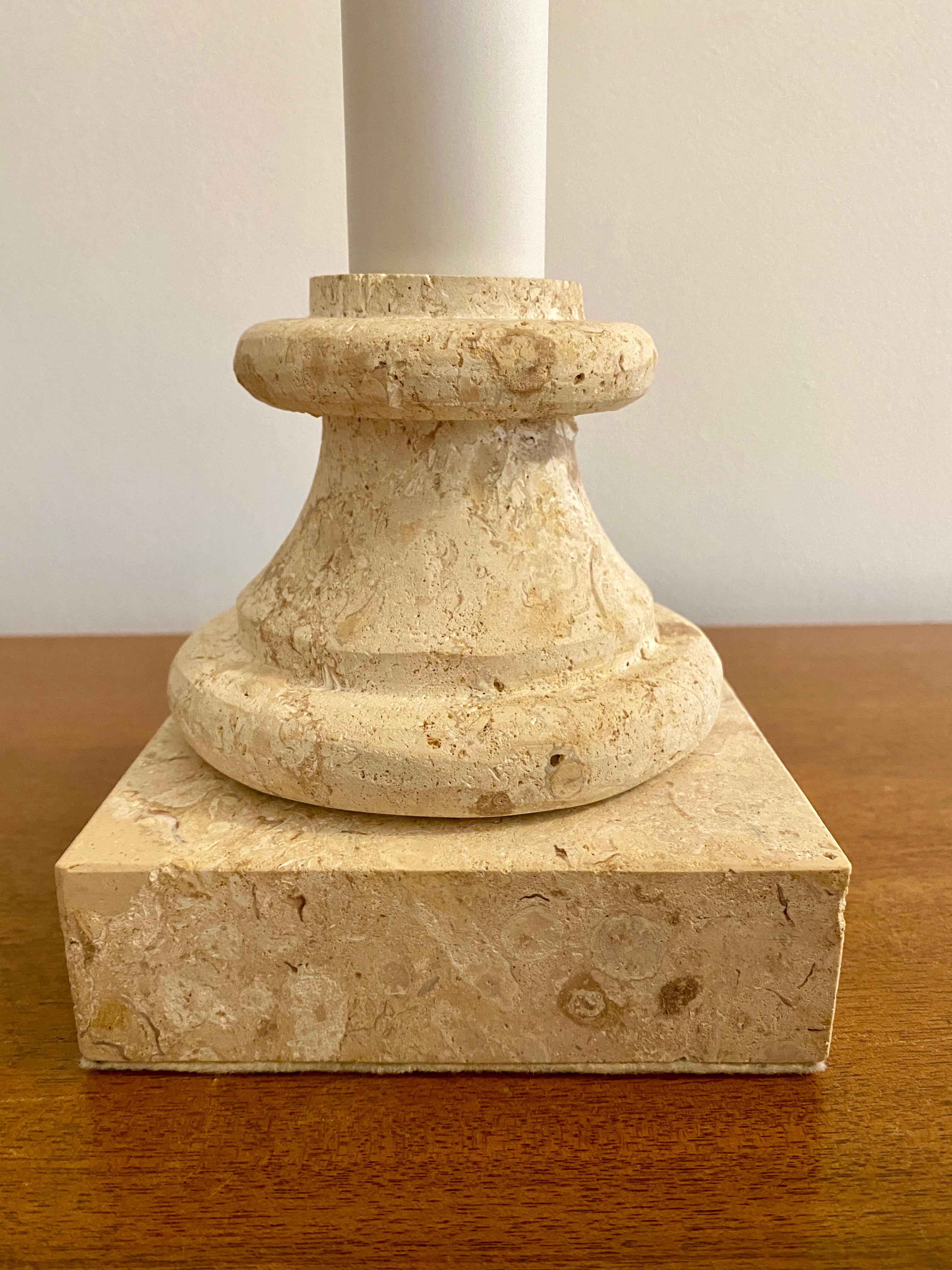 Two Vintage Beige Travertine Lamps with Linen Shades For Sale 4