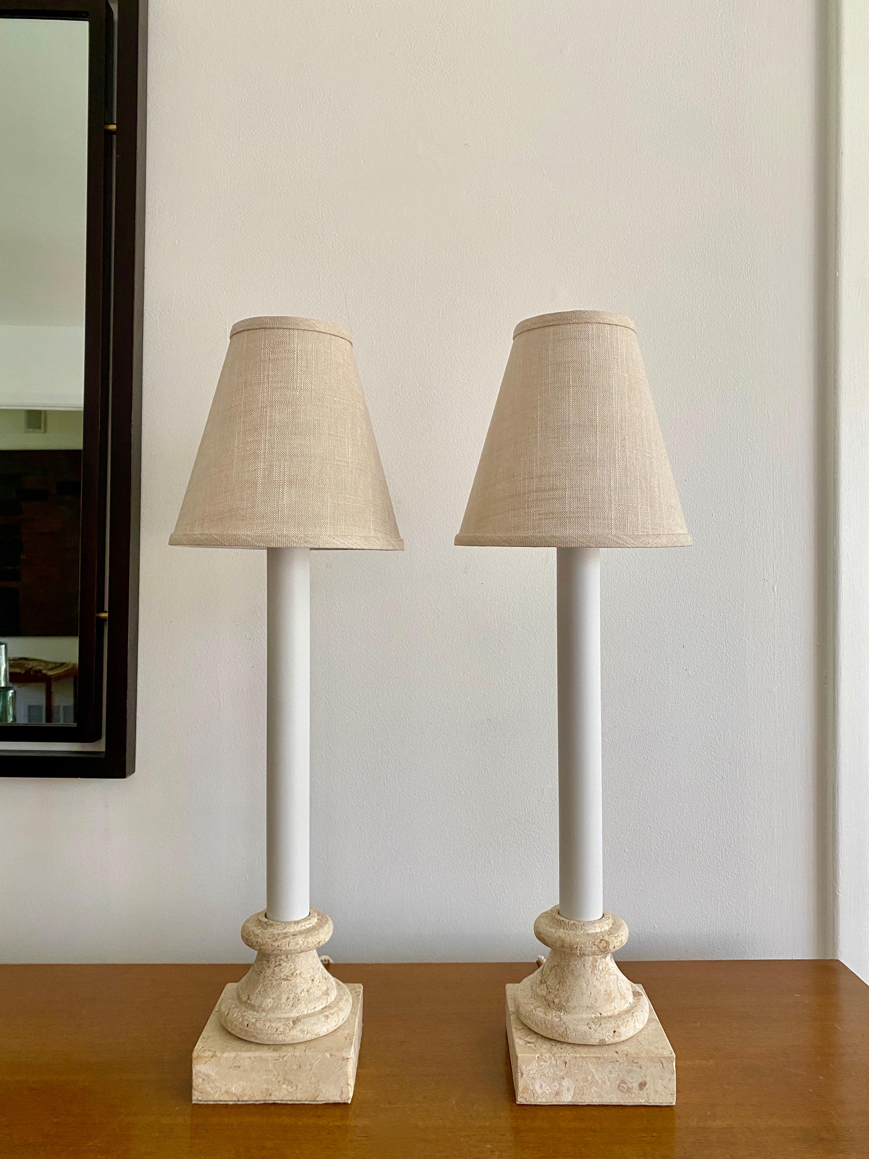 Hollywood Regency Two Vintage Beige Travertine Lamps with Linen Shades For Sale