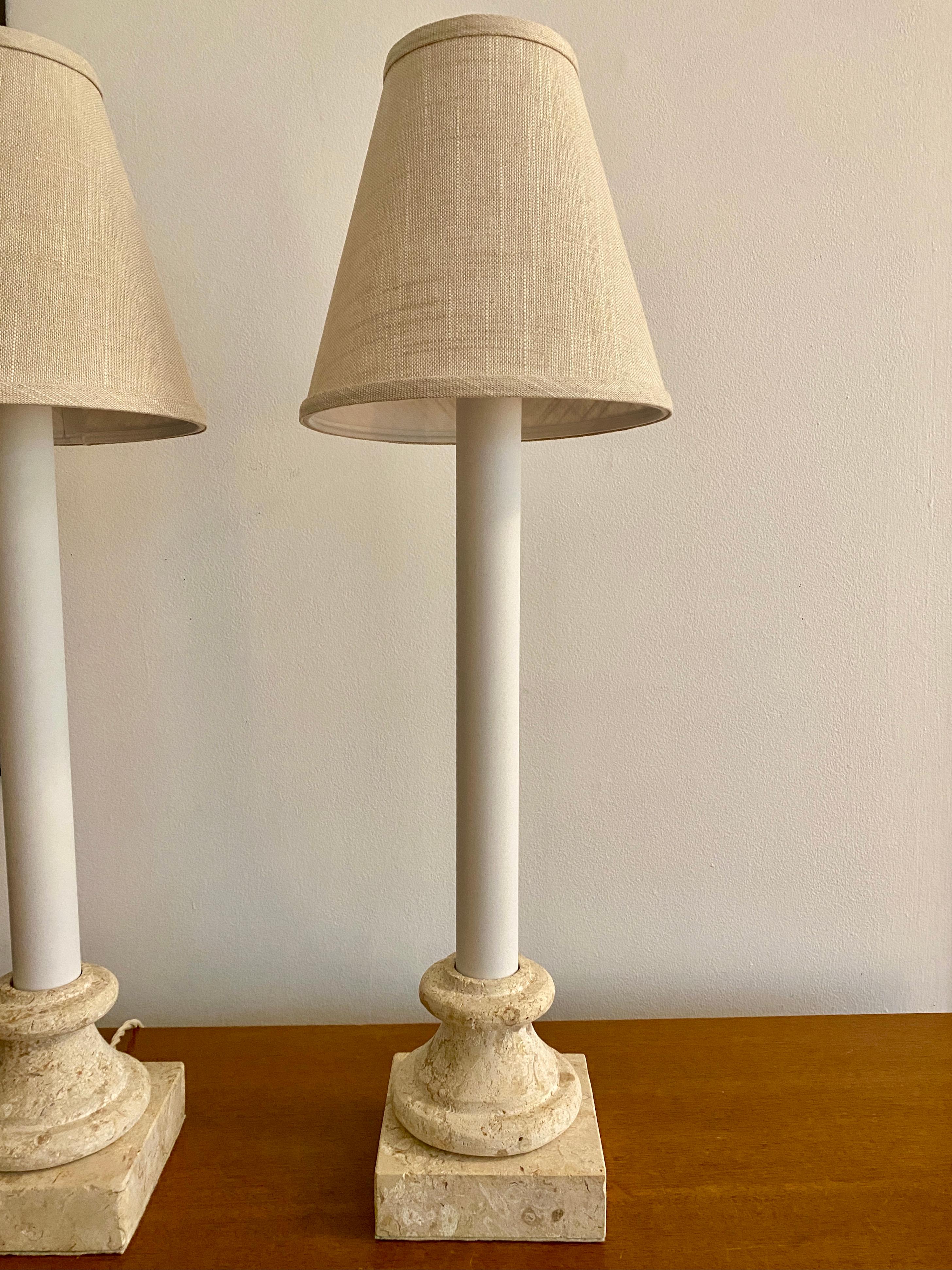 Two Vintage Beige Travertine Lamps with Linen Shades In Good Condition For Sale In Doraville, GA