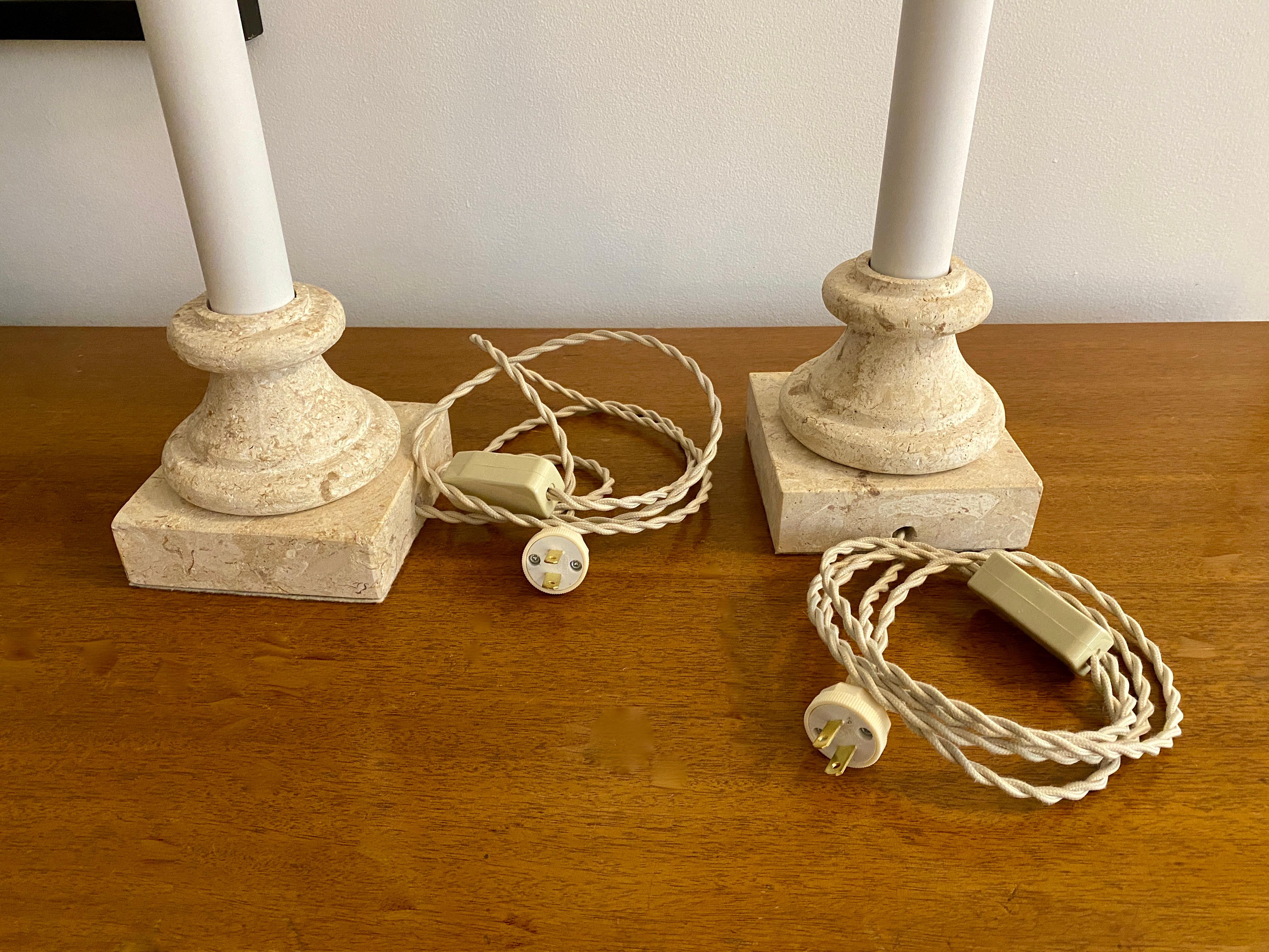 20th Century Two Vintage Beige Travertine Lamps with Linen Shades For Sale