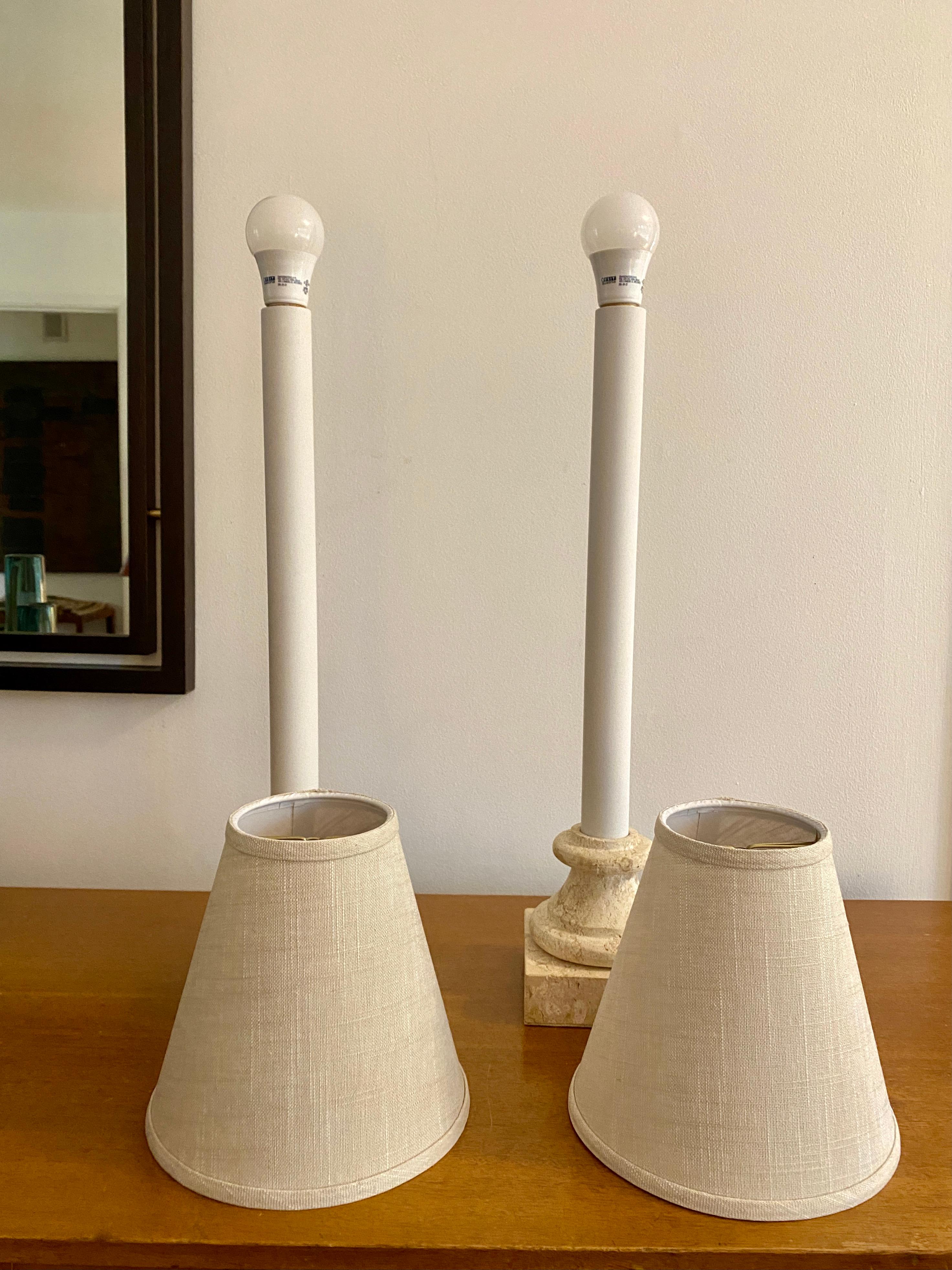 Two Vintage Beige Travertine Lamps with Linen Shades For Sale 1