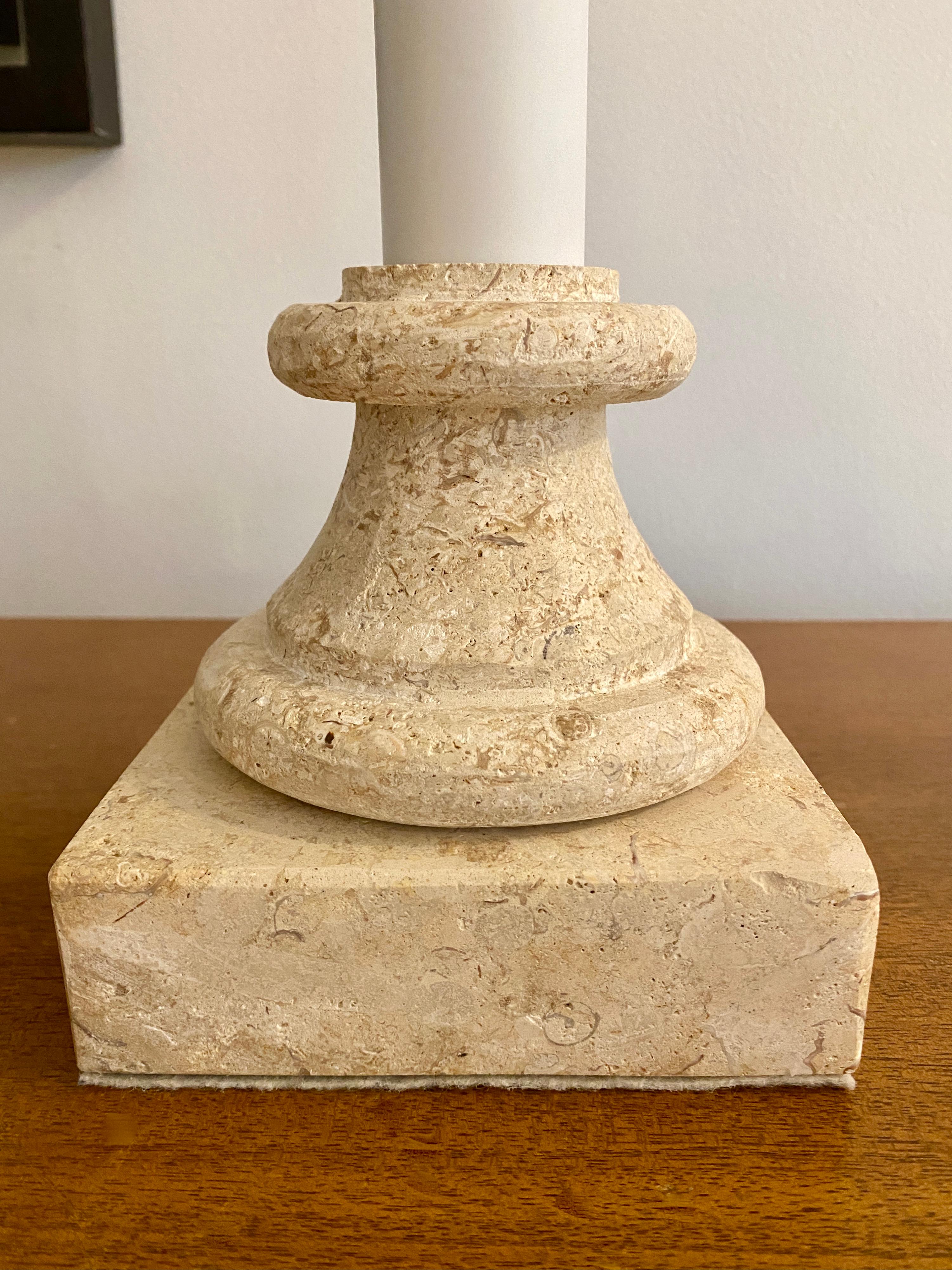 Two Vintage Beige Travertine Lamps with Linen Shades For Sale 3