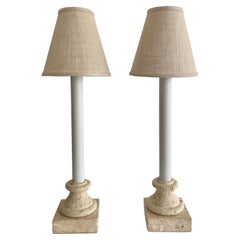 Two Vintage Beige Travertine Lamps with Linen Shades