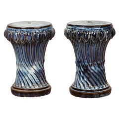 Two Vintage Blue Ceramic Garden Seats with Twisted Fluting, Sold Individually