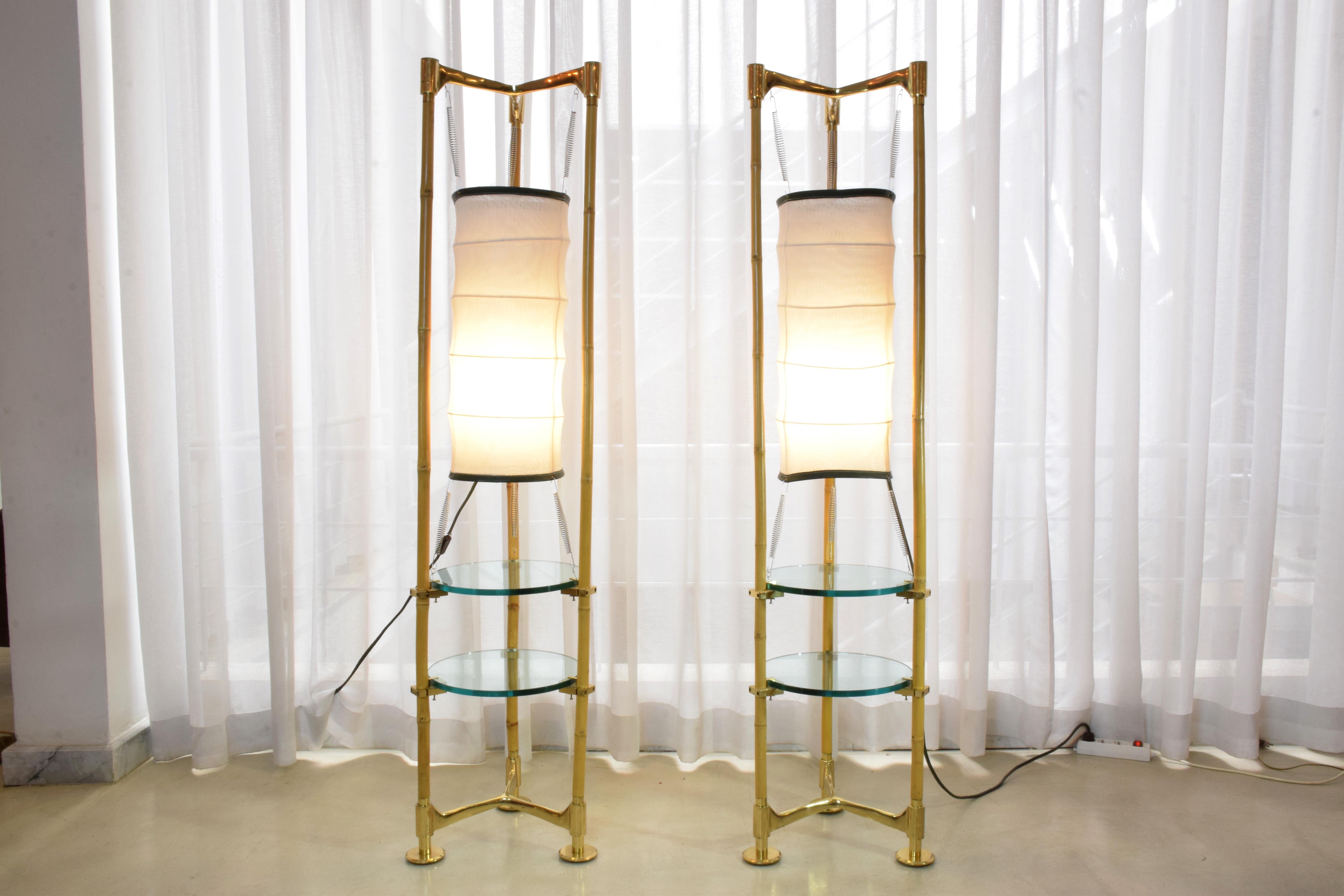 Mid-Century Modern Pair of Vintage Brass Bamboo Floor Lamps, 1970s