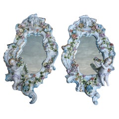 Two Vintage Capodimonte Porcelain Floral Cherub Wall Mirror Dresden