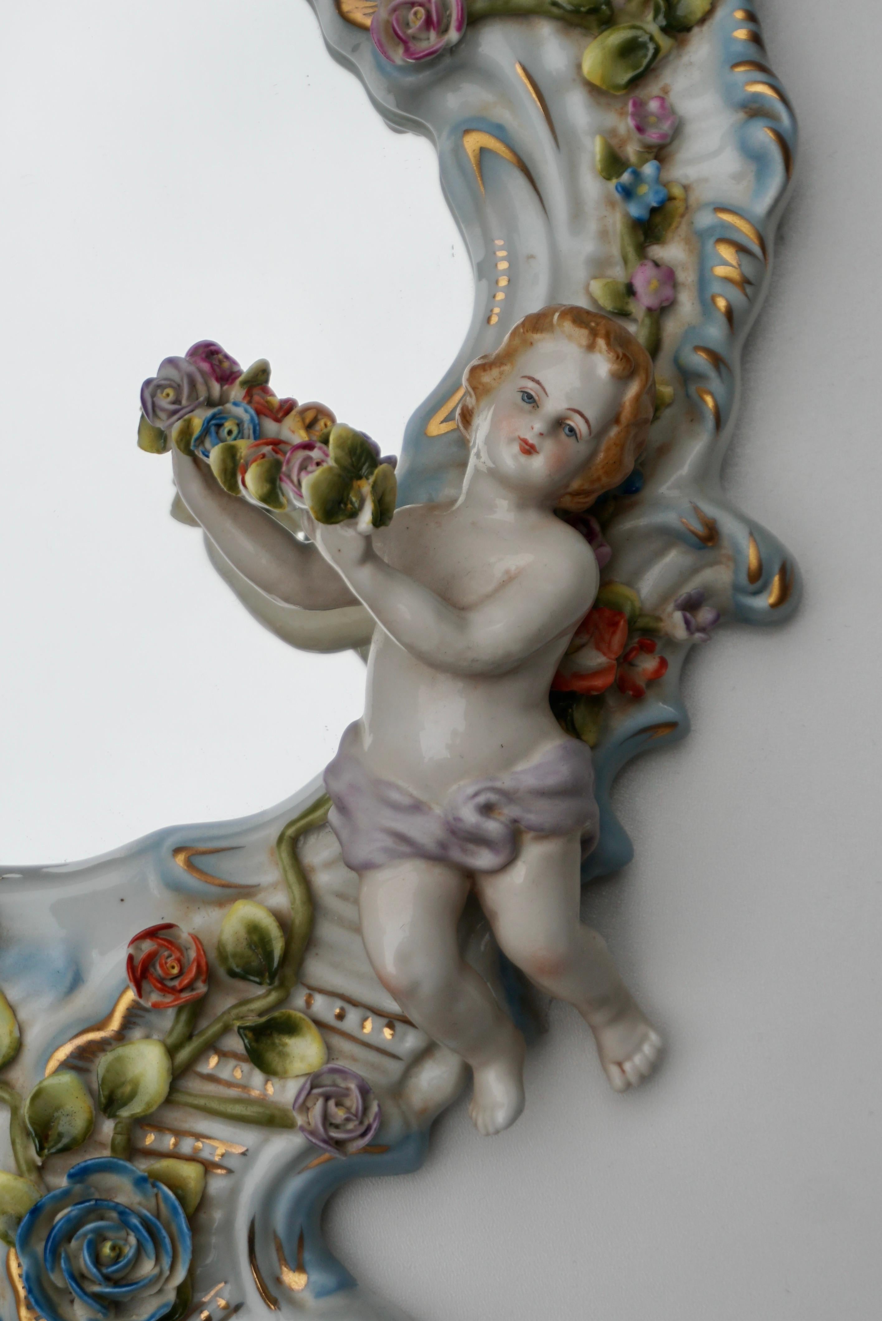 Painted Two Vintage Capodimonte Porcelain Floral Cherub Wall Mirror Dresden For Sale