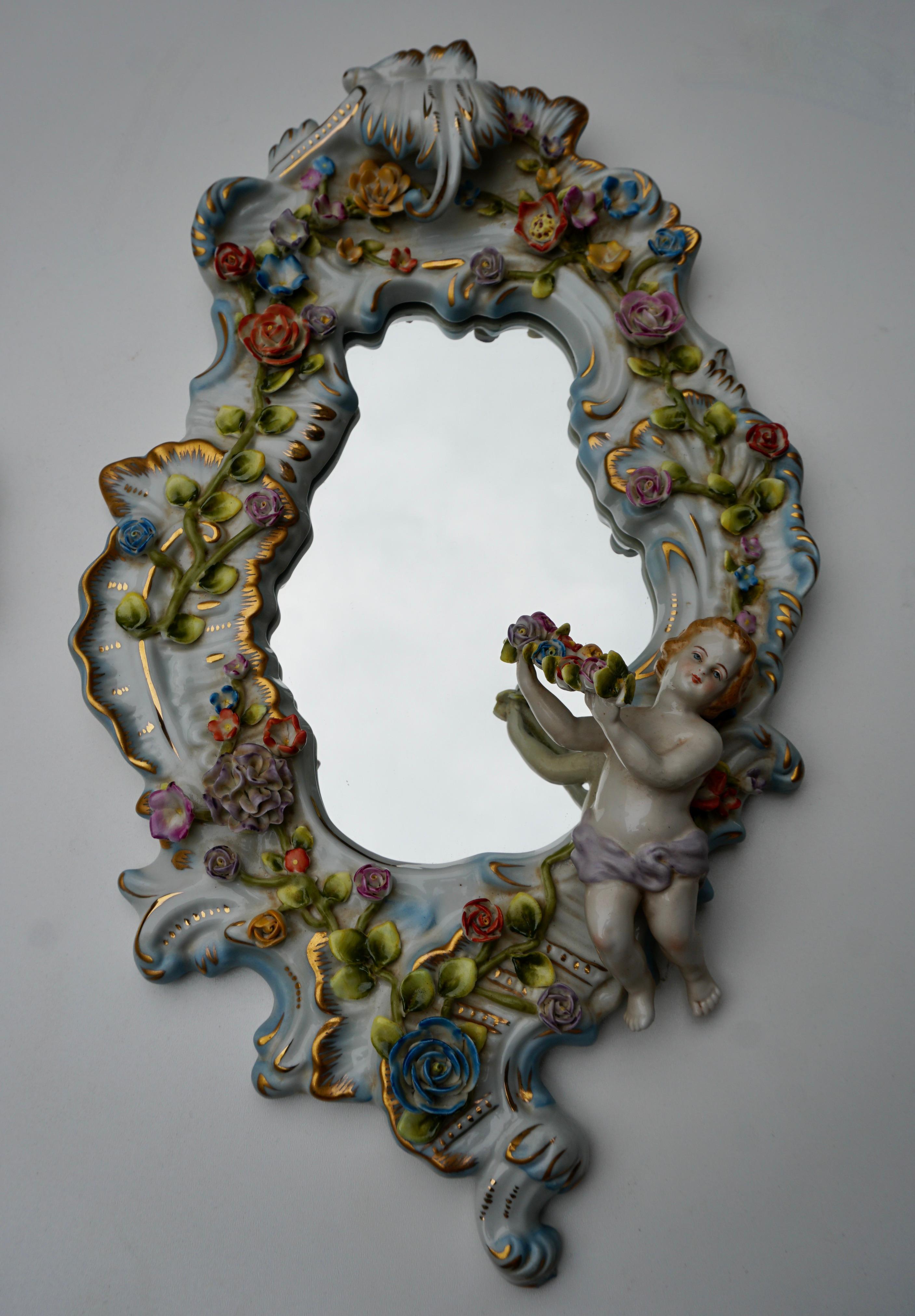 Two Vintage Capodimonte Porcelain Floral Cherub Wall Mirror Dresden In Good Condition For Sale In Antwerp, BE