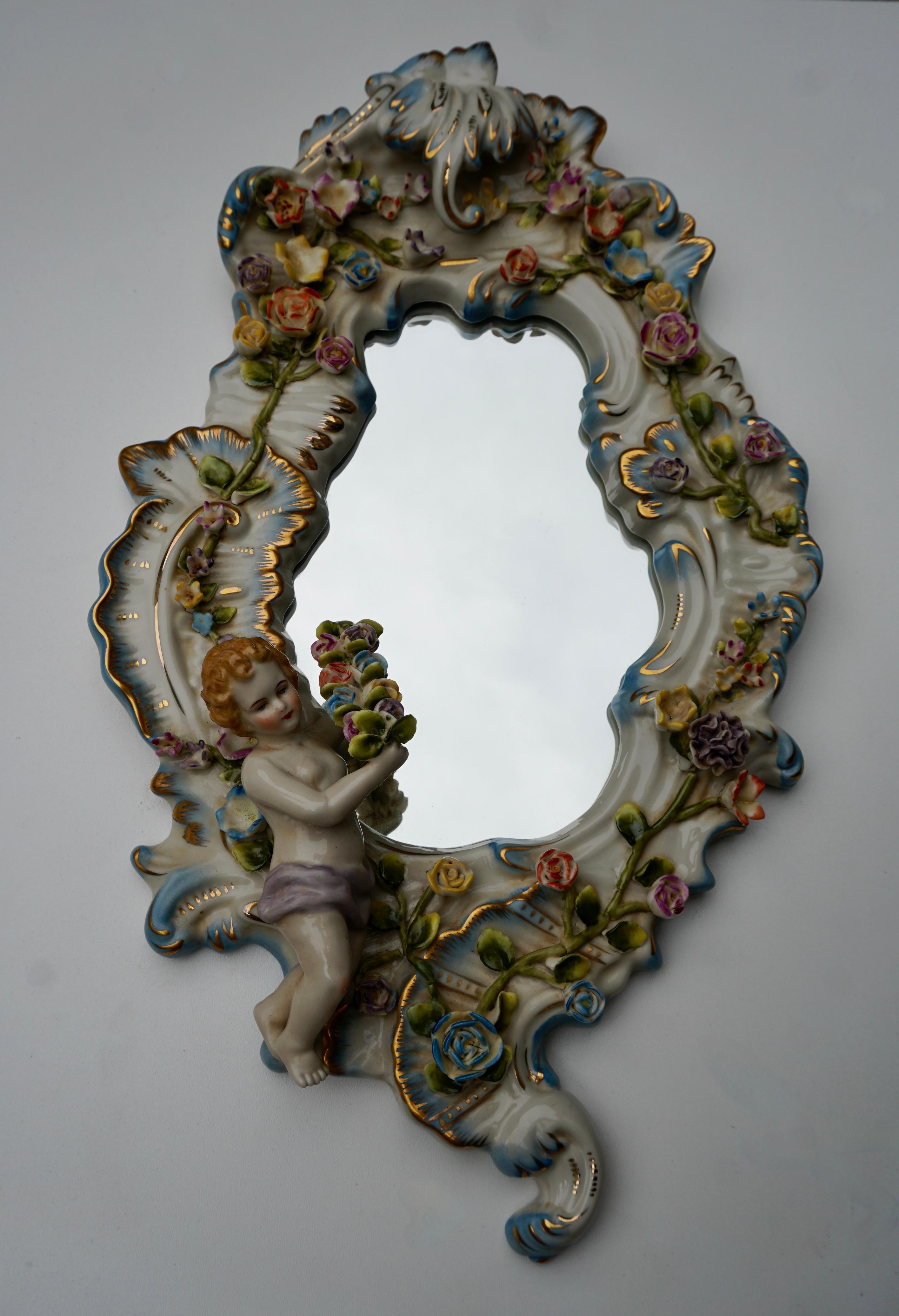 20th Century Two Vintage Capodimonte Porcelain Floral Cherub Wall Mirror Dresden For Sale