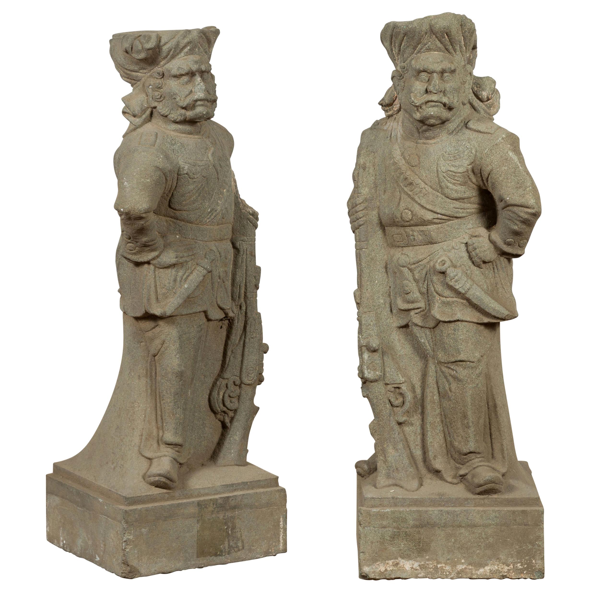 Two Vintage Carved Stone Sculptures of Soldiers from the British Indian Army For Sale