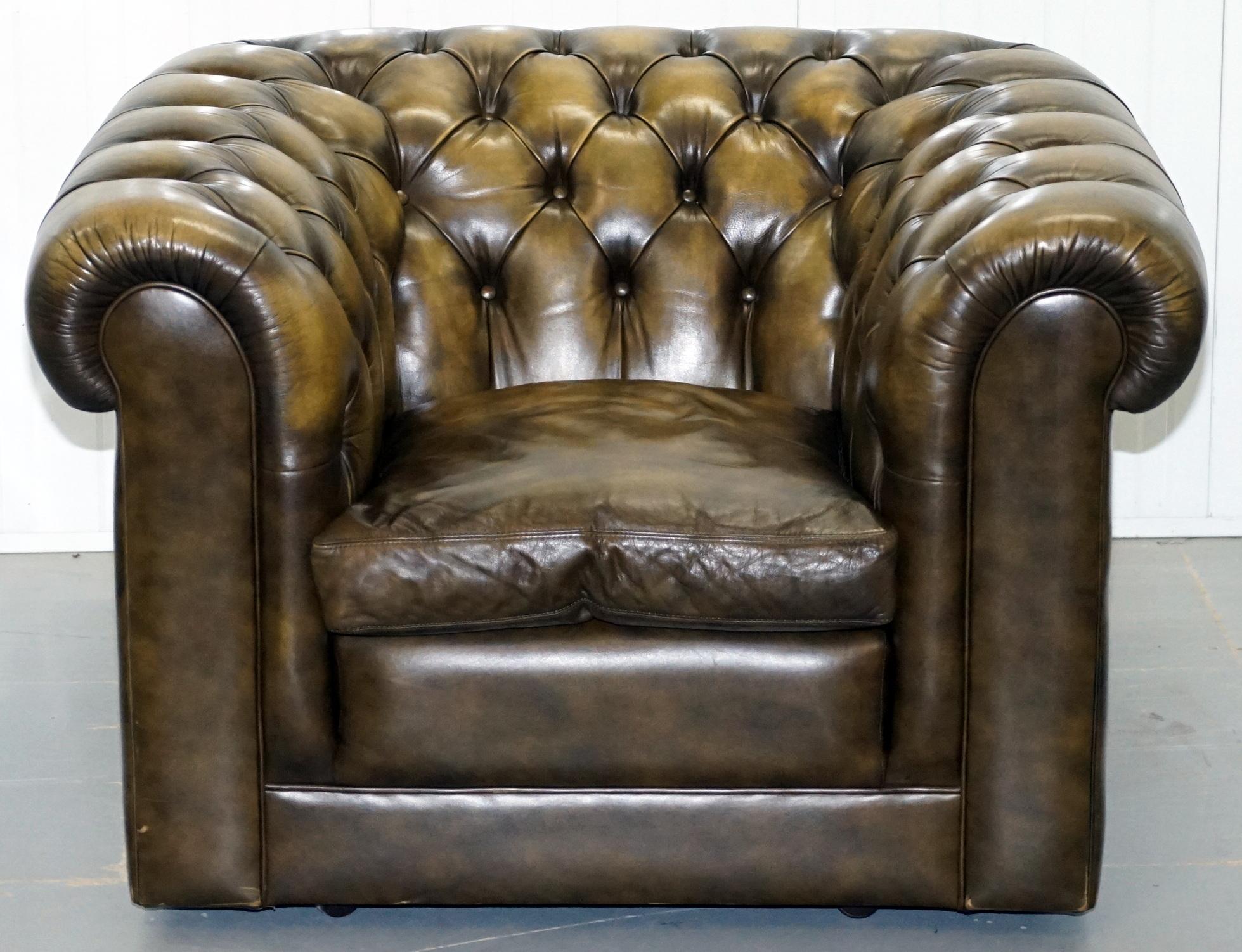 Two Vintage Chesterfield Leather Club Armchairs Feather Cushions For Sale 6