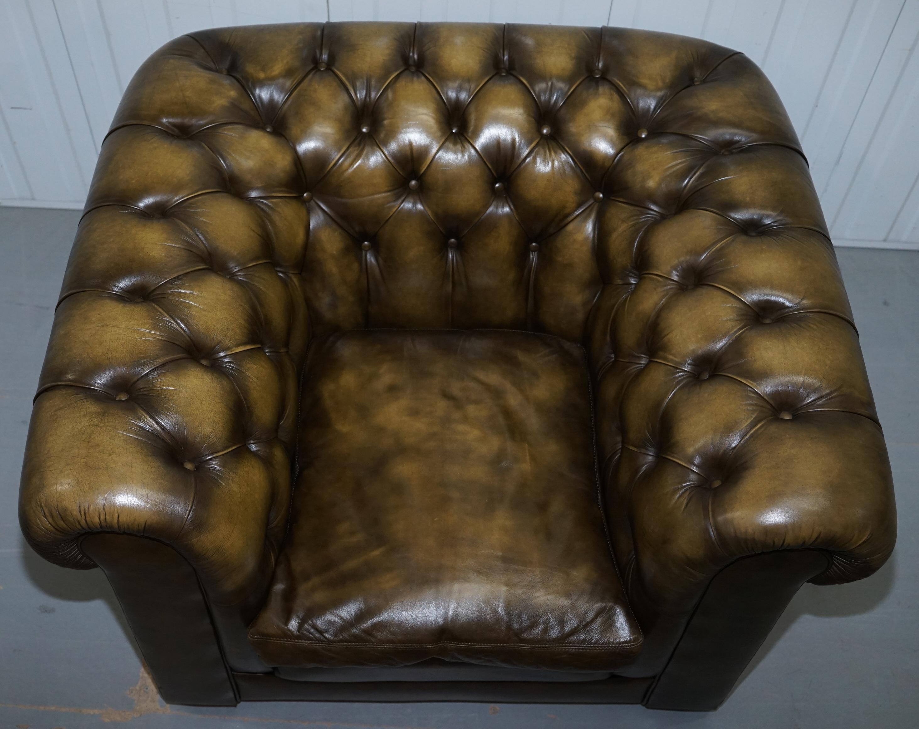Two Vintage Chesterfield Leather Club Armchairs Feather Cushions For Sale 7
