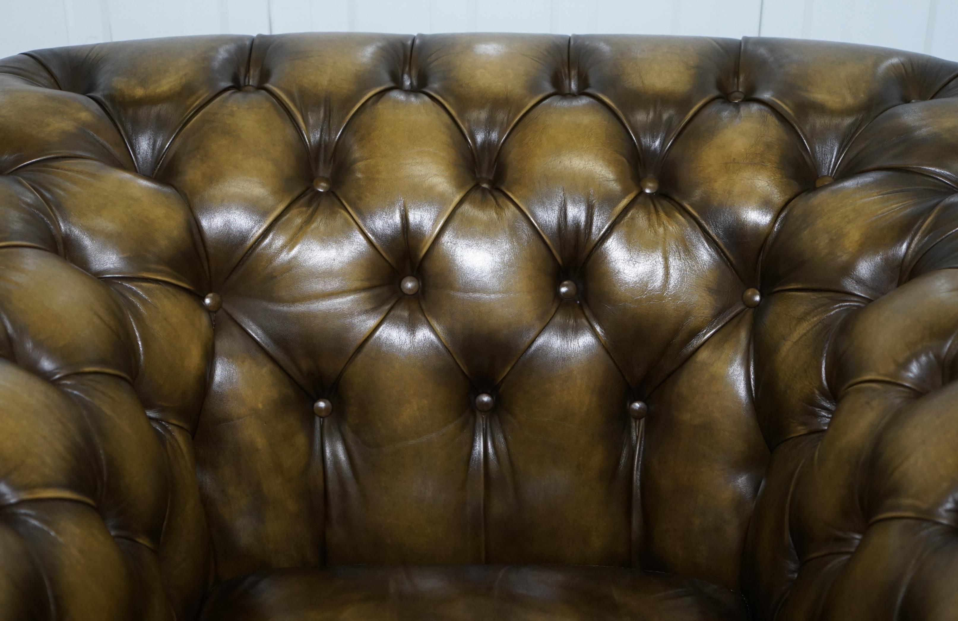Two Vintage Chesterfield Leather Club Armchairs Feather Cushions For Sale 8