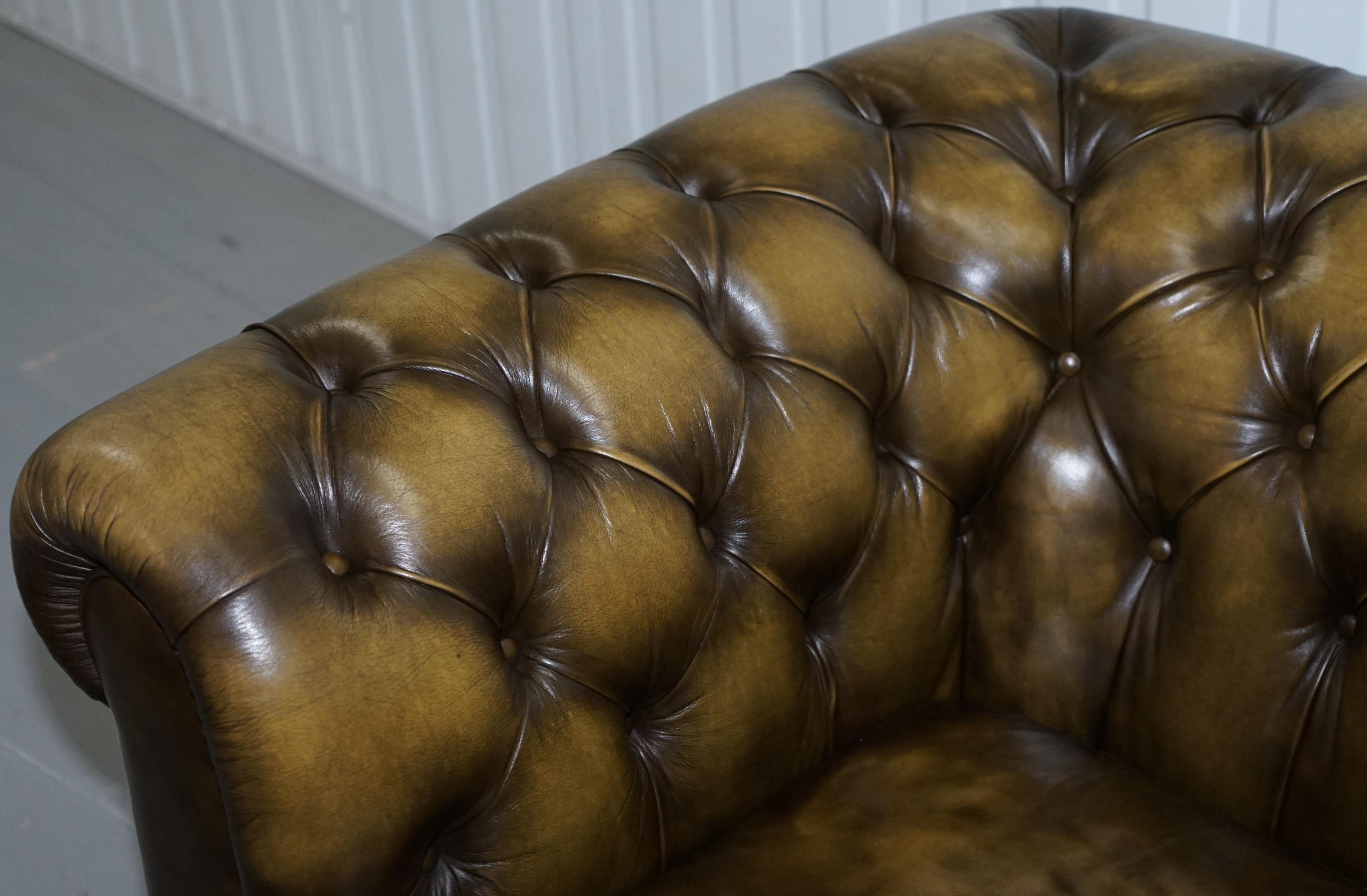 Two Vintage Chesterfield Leather Club Armchairs Feather Cushions For Sale 9