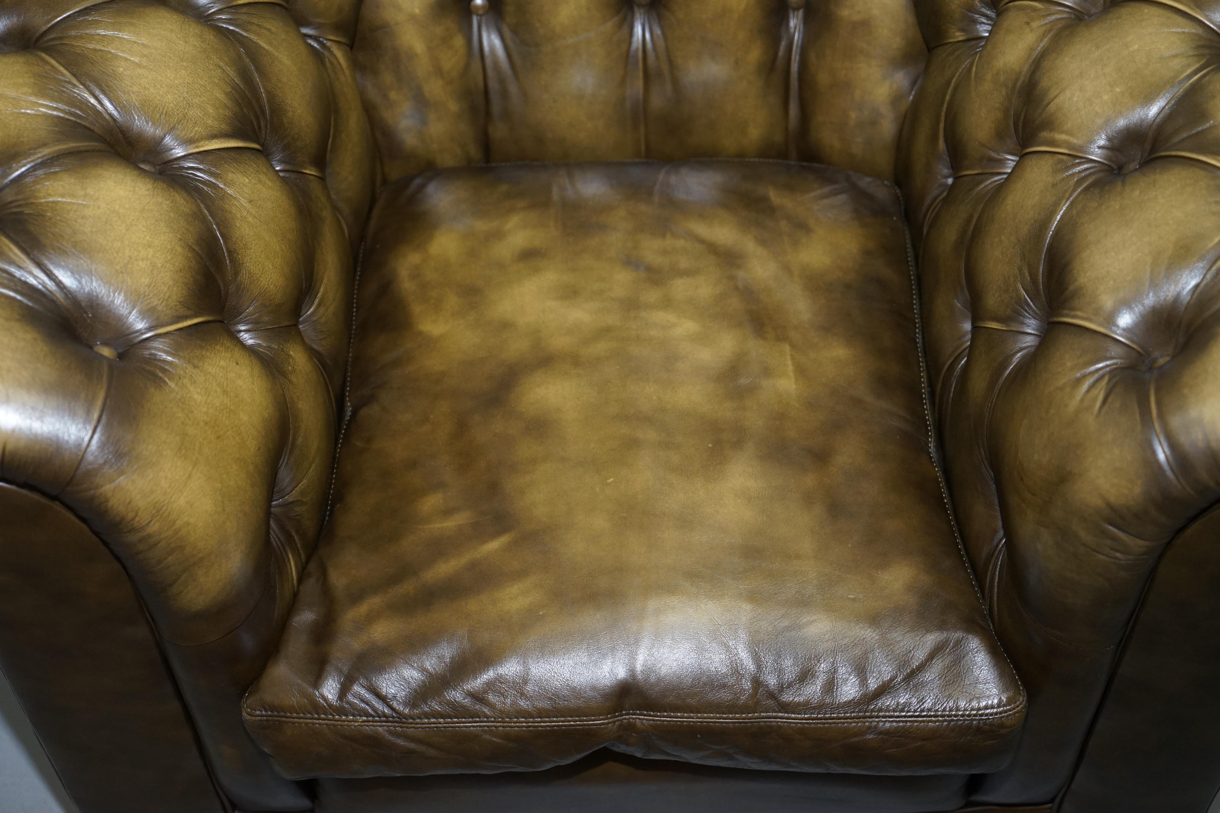 Two Vintage Chesterfield Leather Club Armchairs Feather Cushions For Sale 11