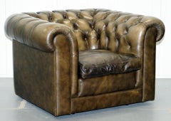 Two Vintage Chesterfield Leather Club Armchairs Feather Cushions