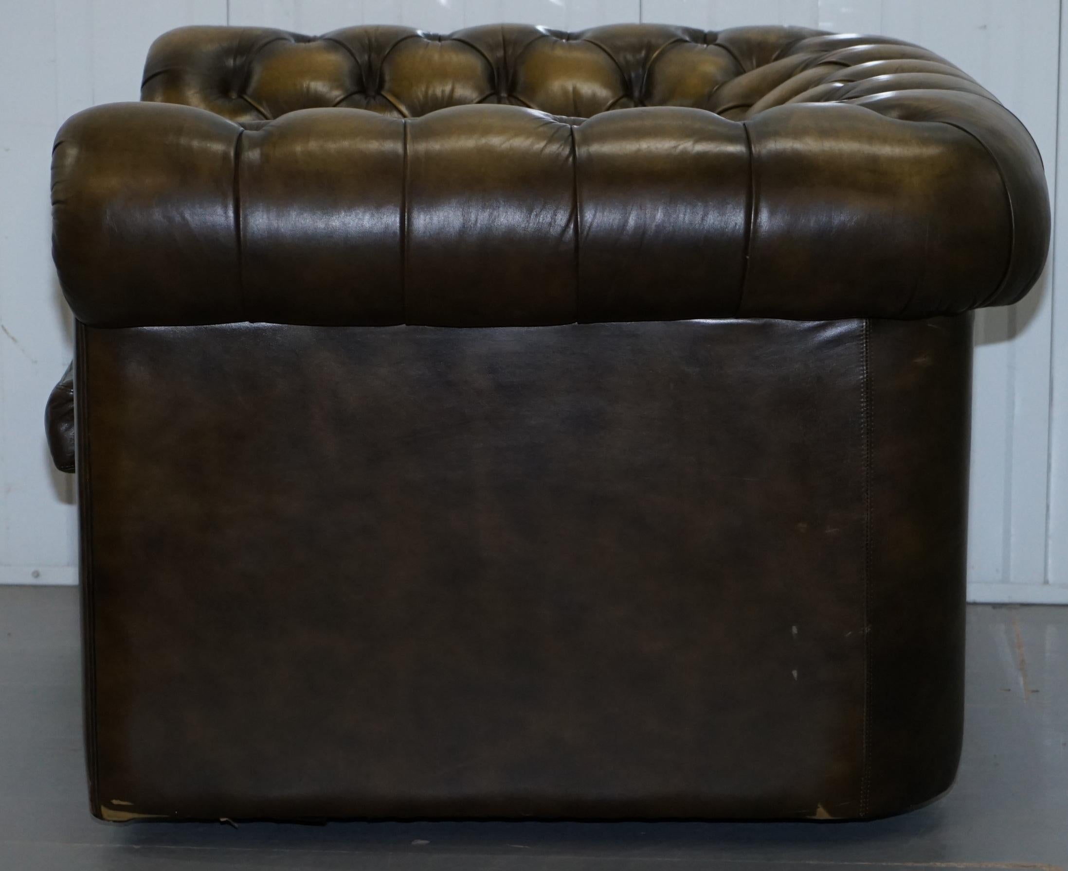 Two Vintage Chesterfield Leather Club Armchairs Feather Cushions For Sale 13