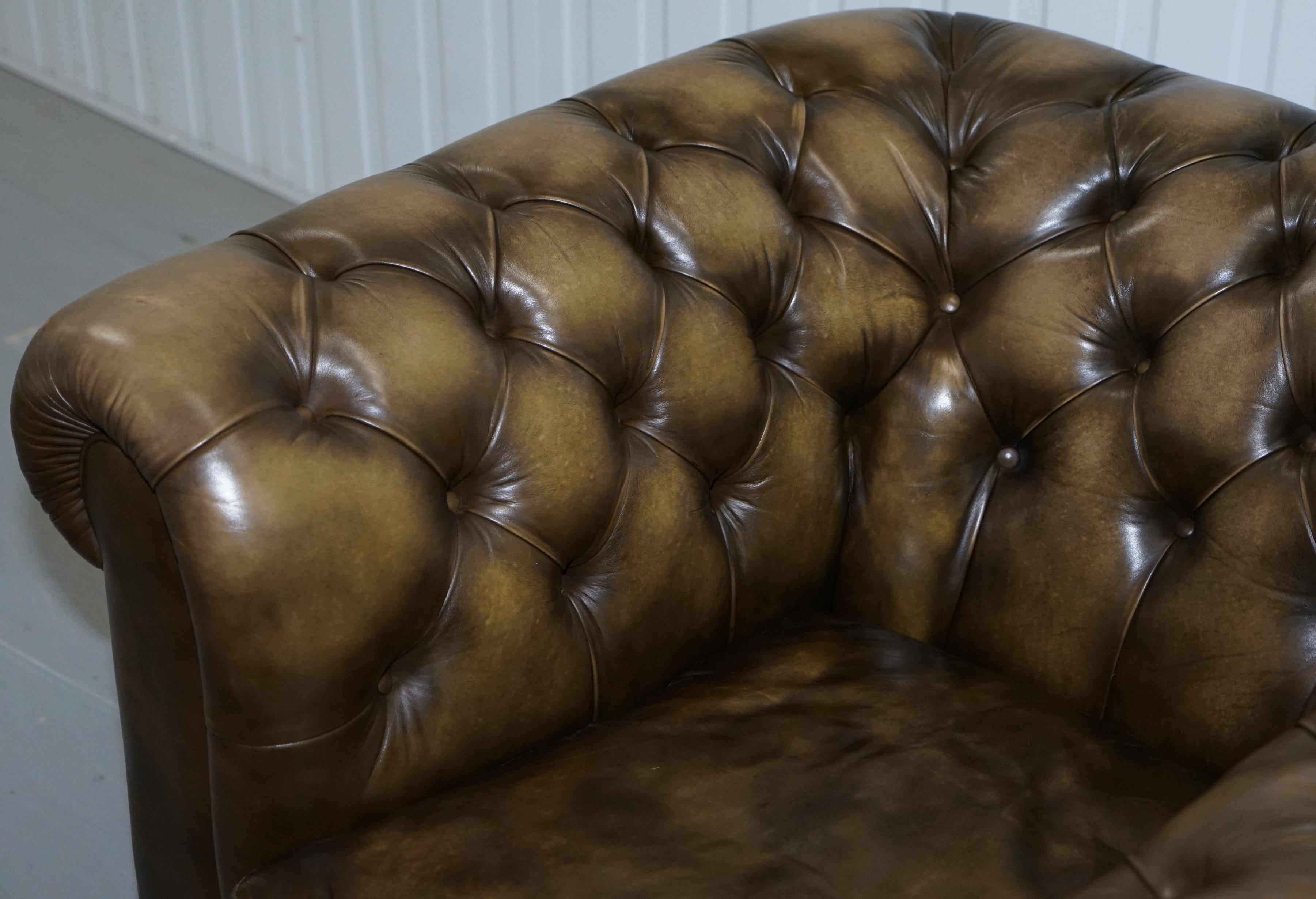 English Two Vintage Chesterfield Leather Club Armchairs Feather Cushions For Sale
