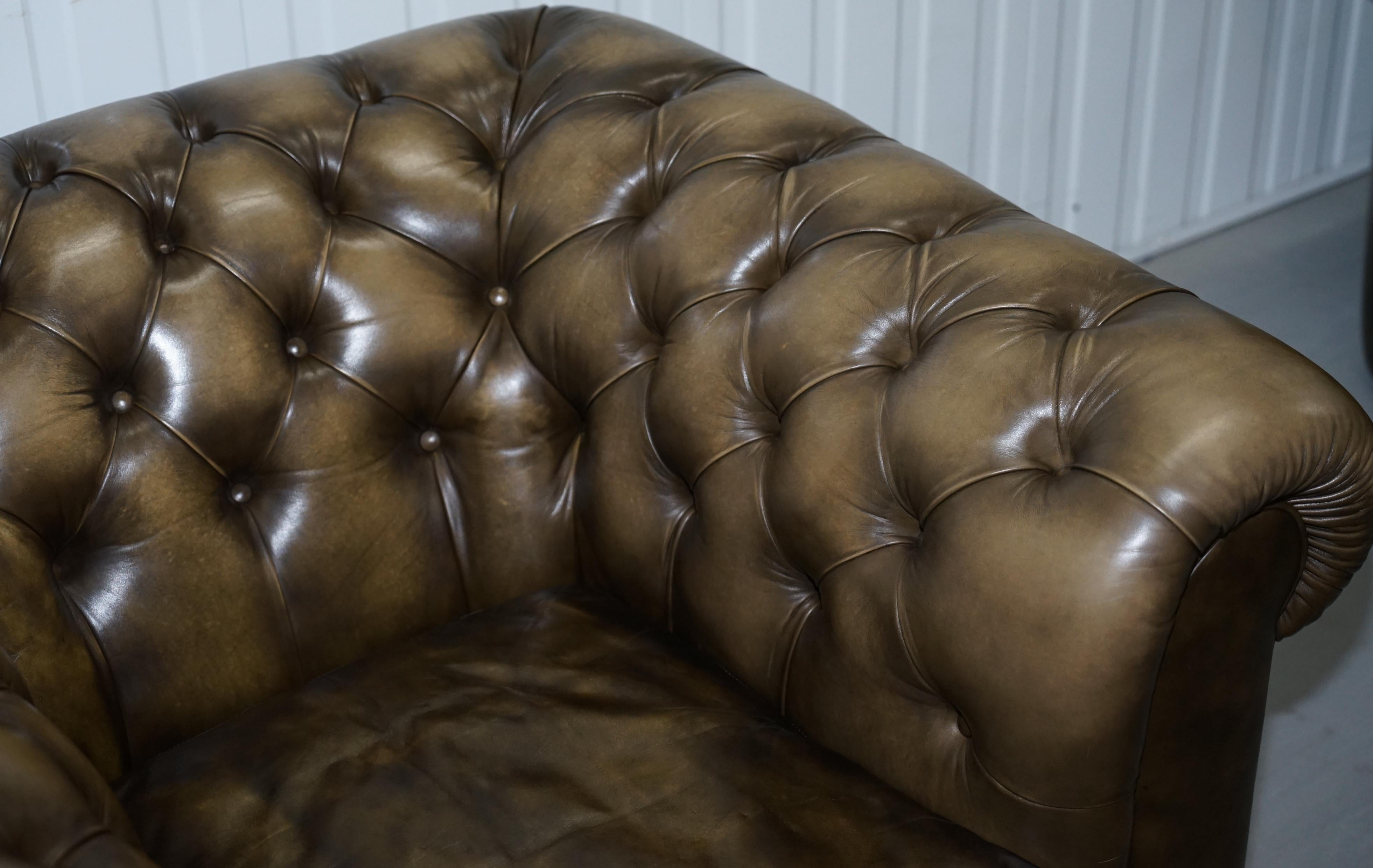 Hand-Crafted Two Vintage Chesterfield Leather Club Armchairs Feather Cushions For Sale
