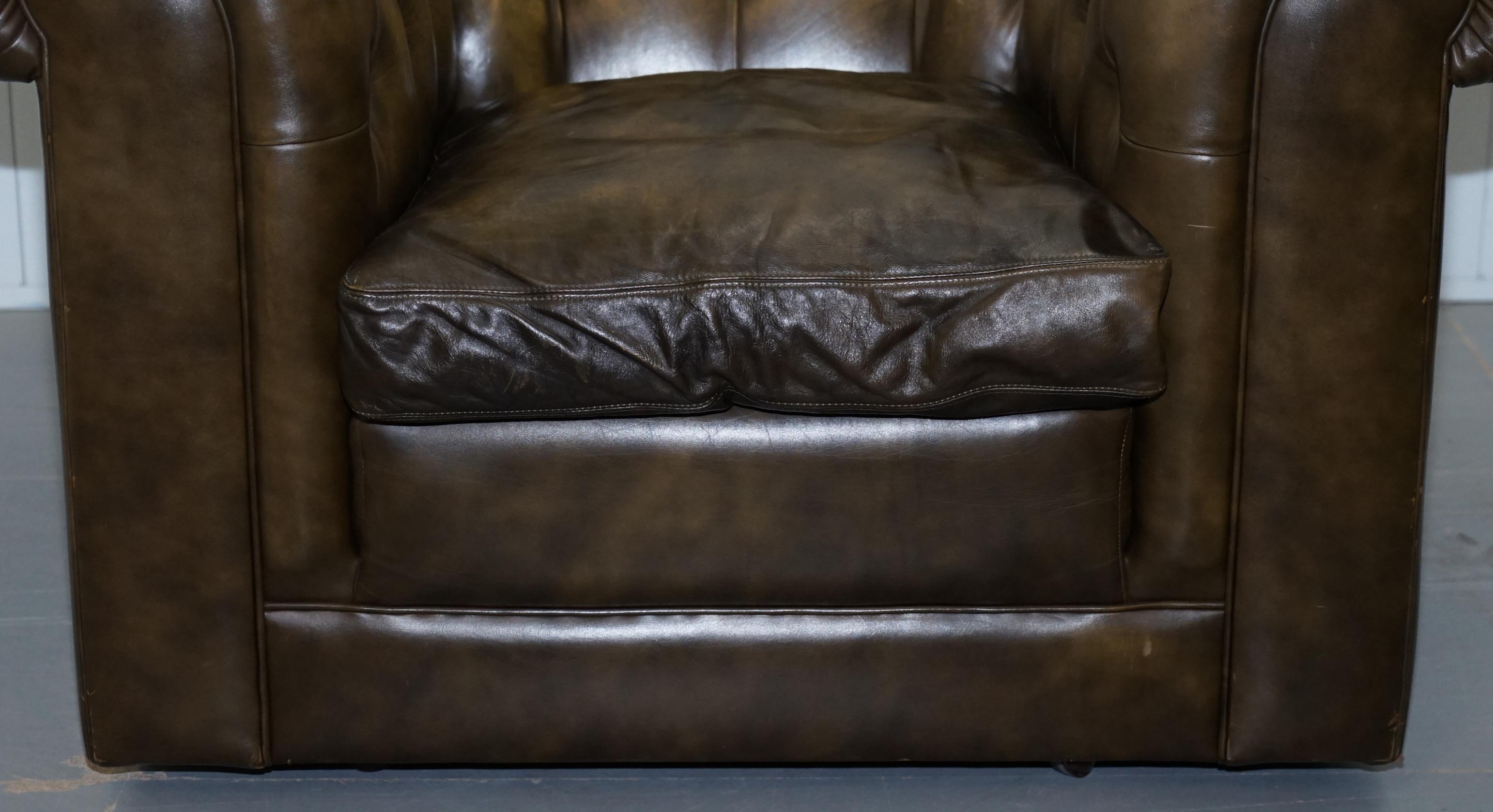 Two Vintage Chesterfield Leather Club Armchairs Feather Cushions For Sale 1