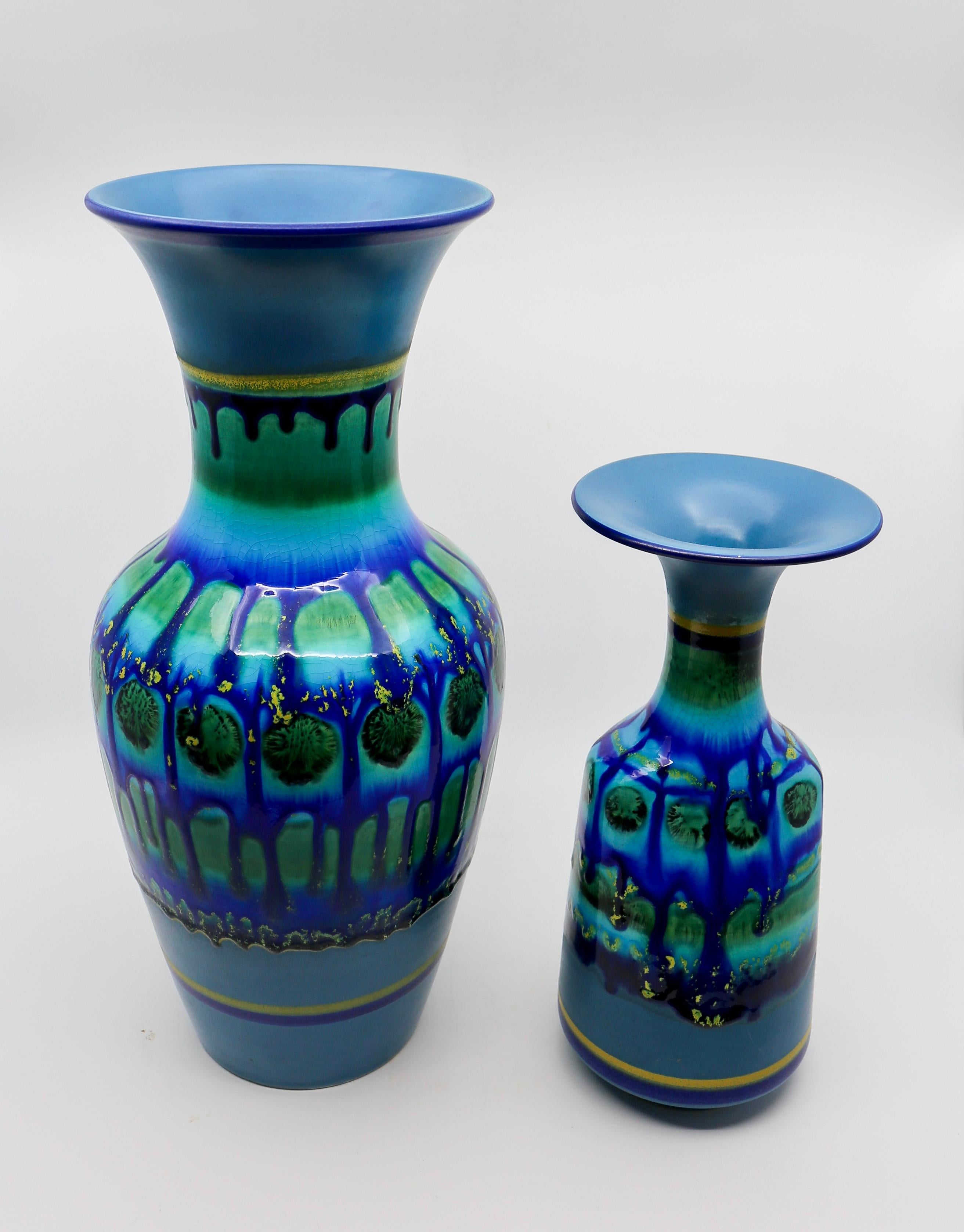 Mid-Century Modern Two Vintage Dutch Blue Fat Lava Style Flora Gouda Vases, Holland  For Sale